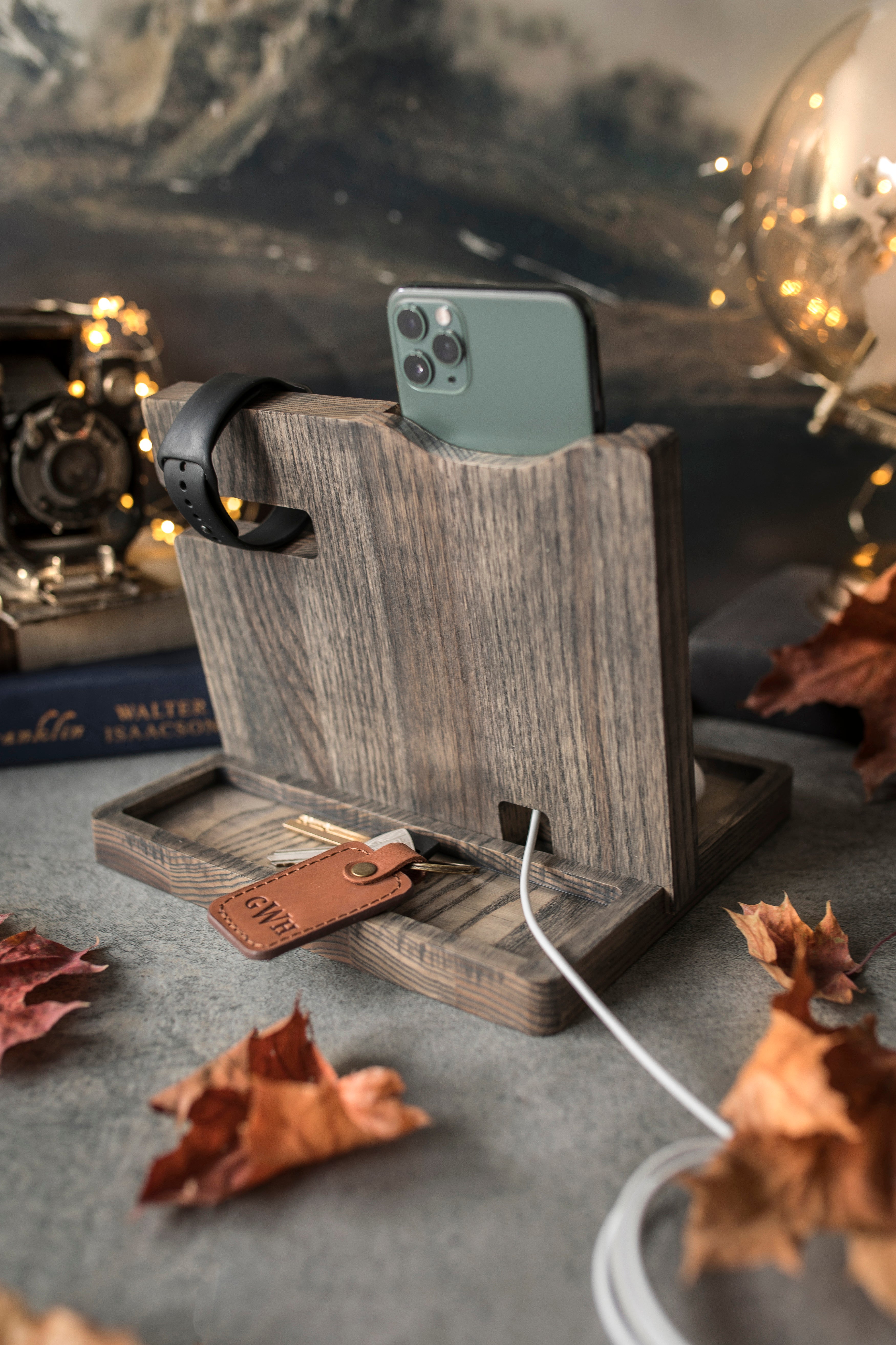 Wooden Personalized Handwriting Docking Station In Gray Tan
