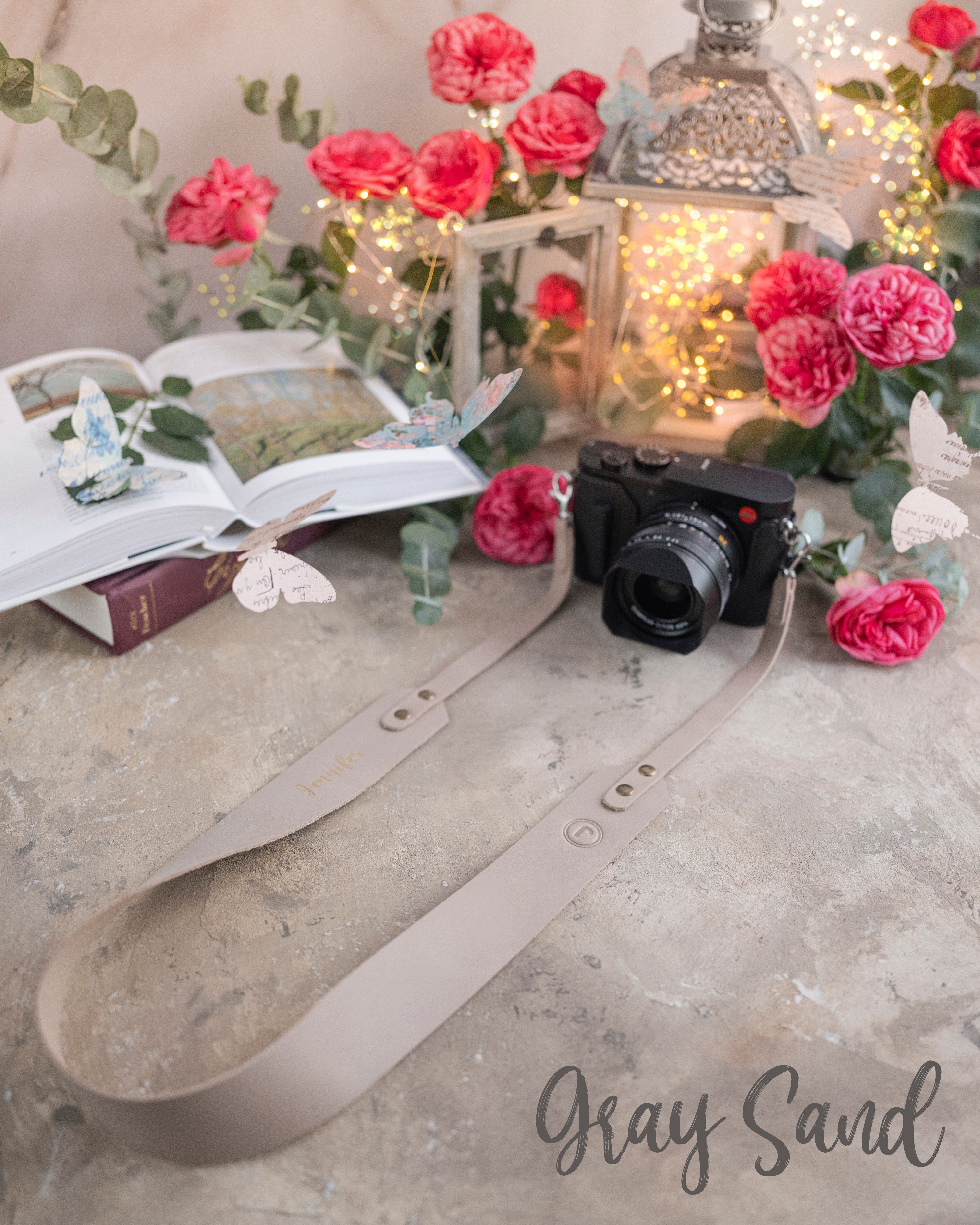 Gray sand leather camera strap