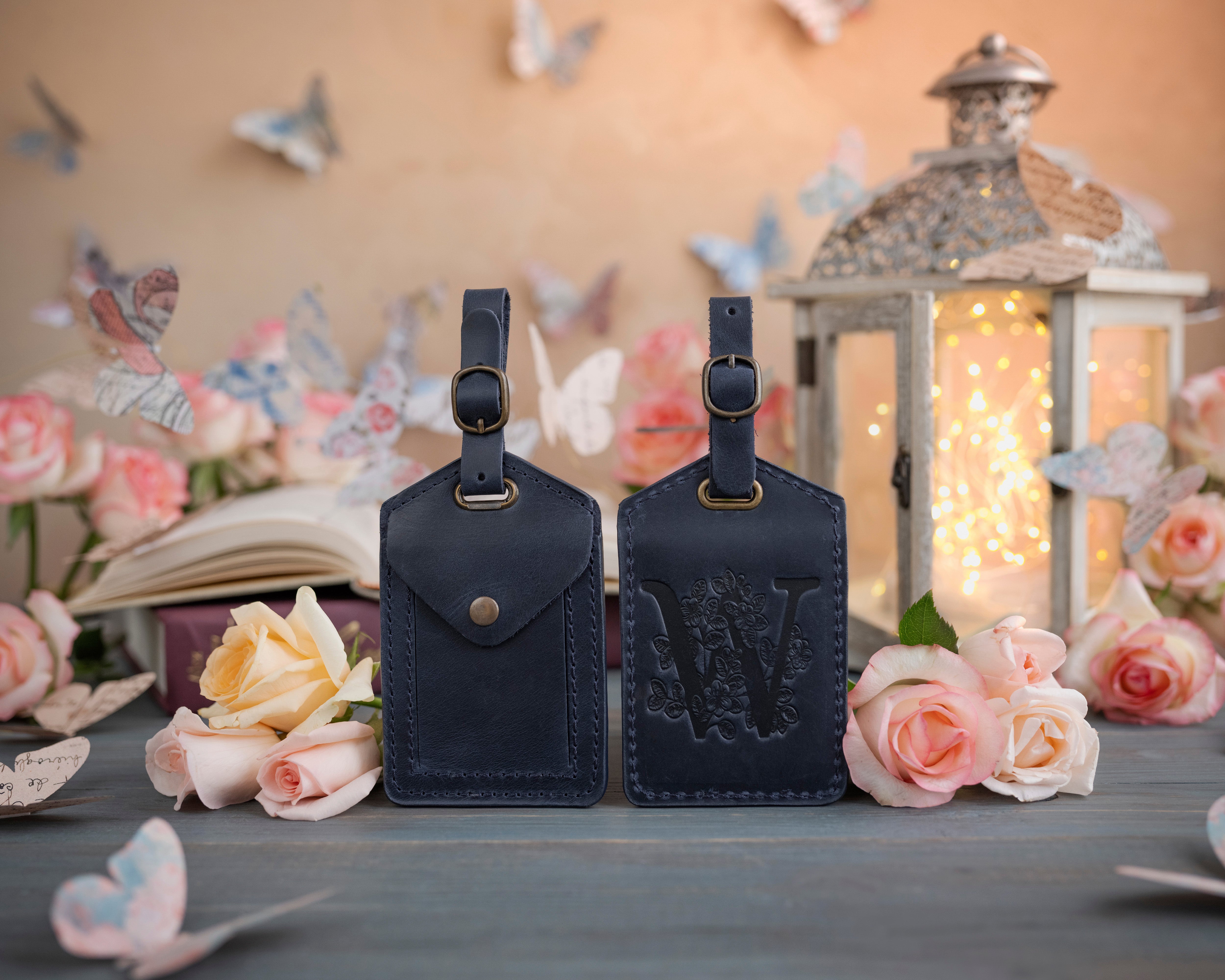 Flower initial leather luggage tag