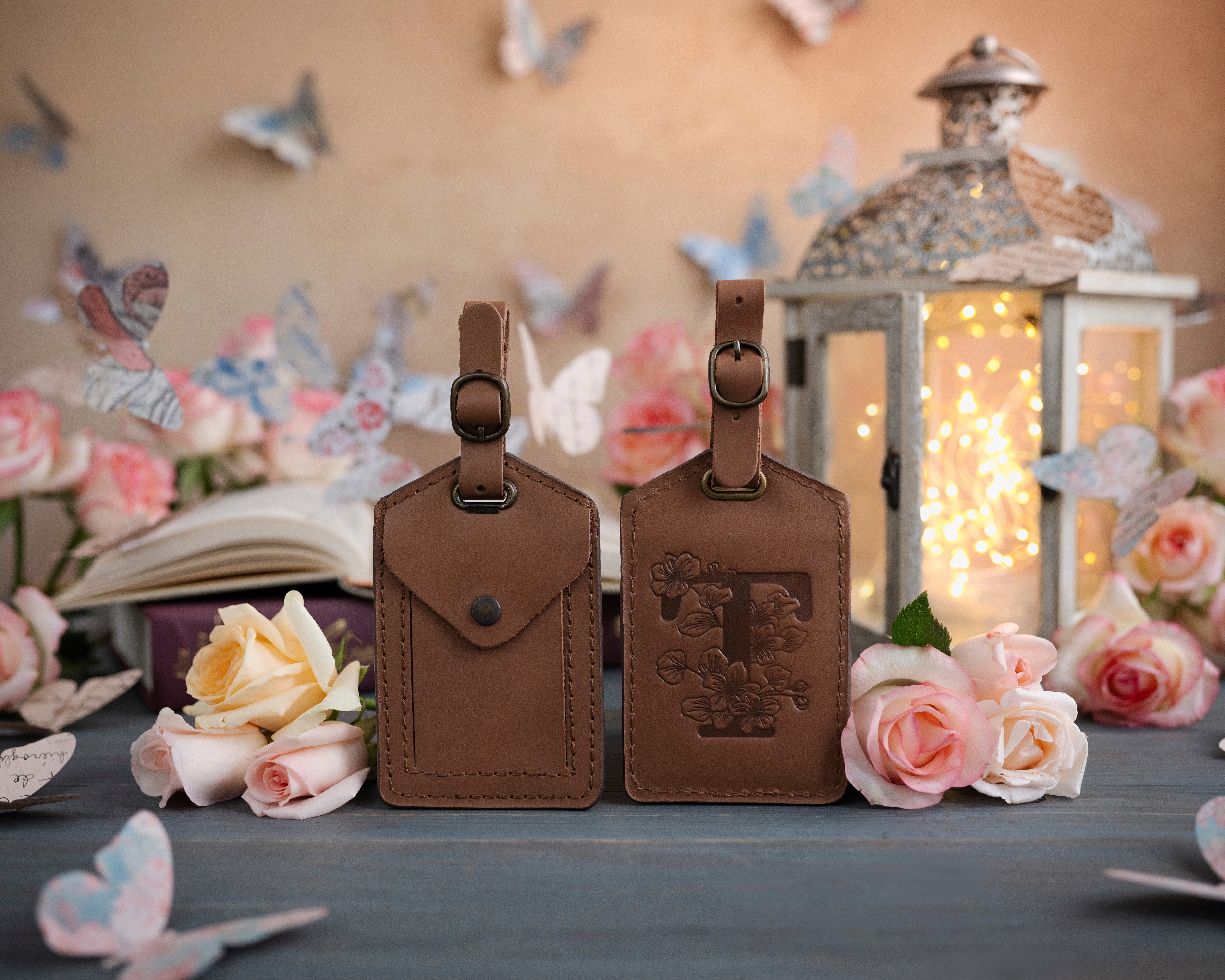 Flower initial leather luggage tag