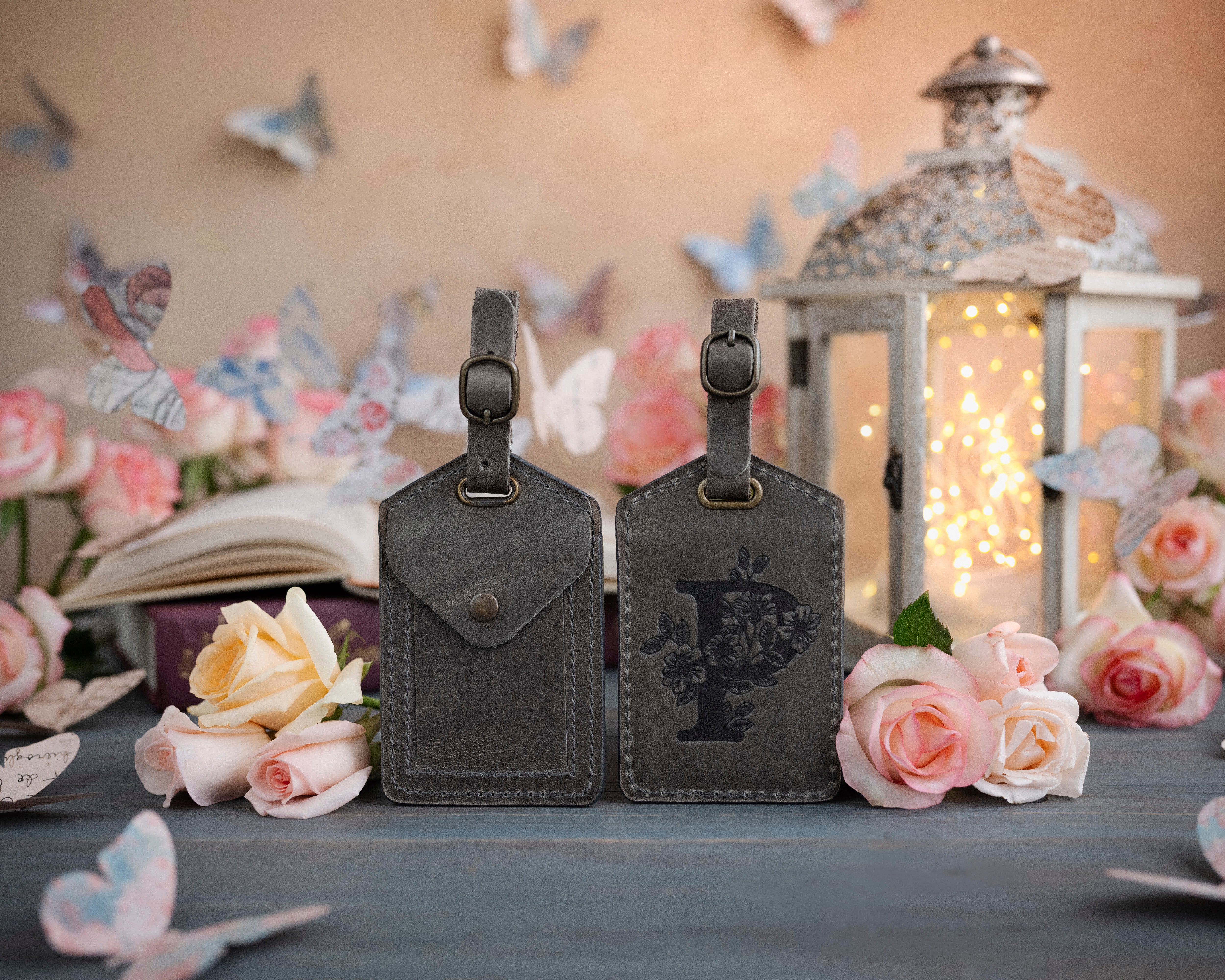 Flower initial leather luggage tag