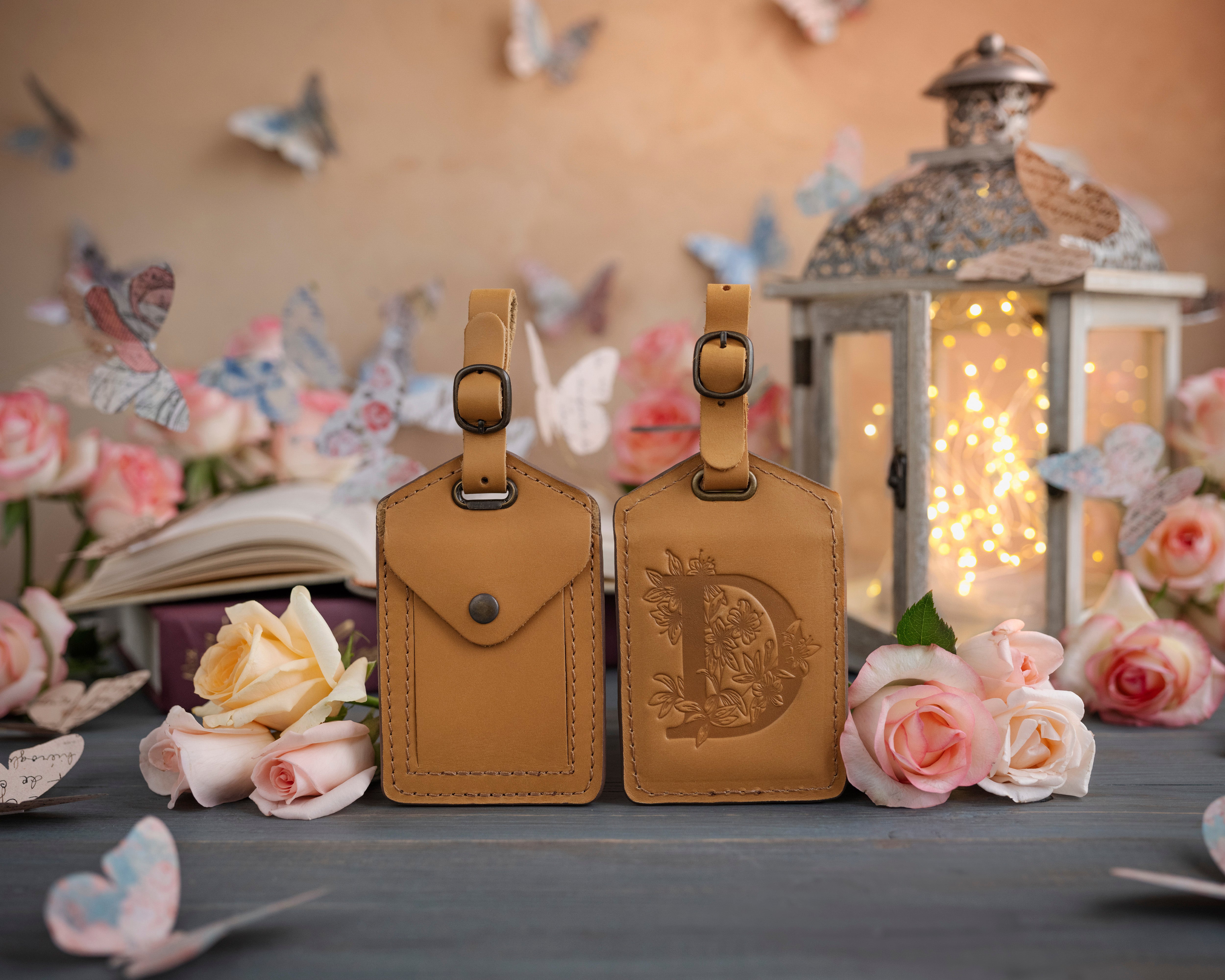 Flower initial leather luggage tag