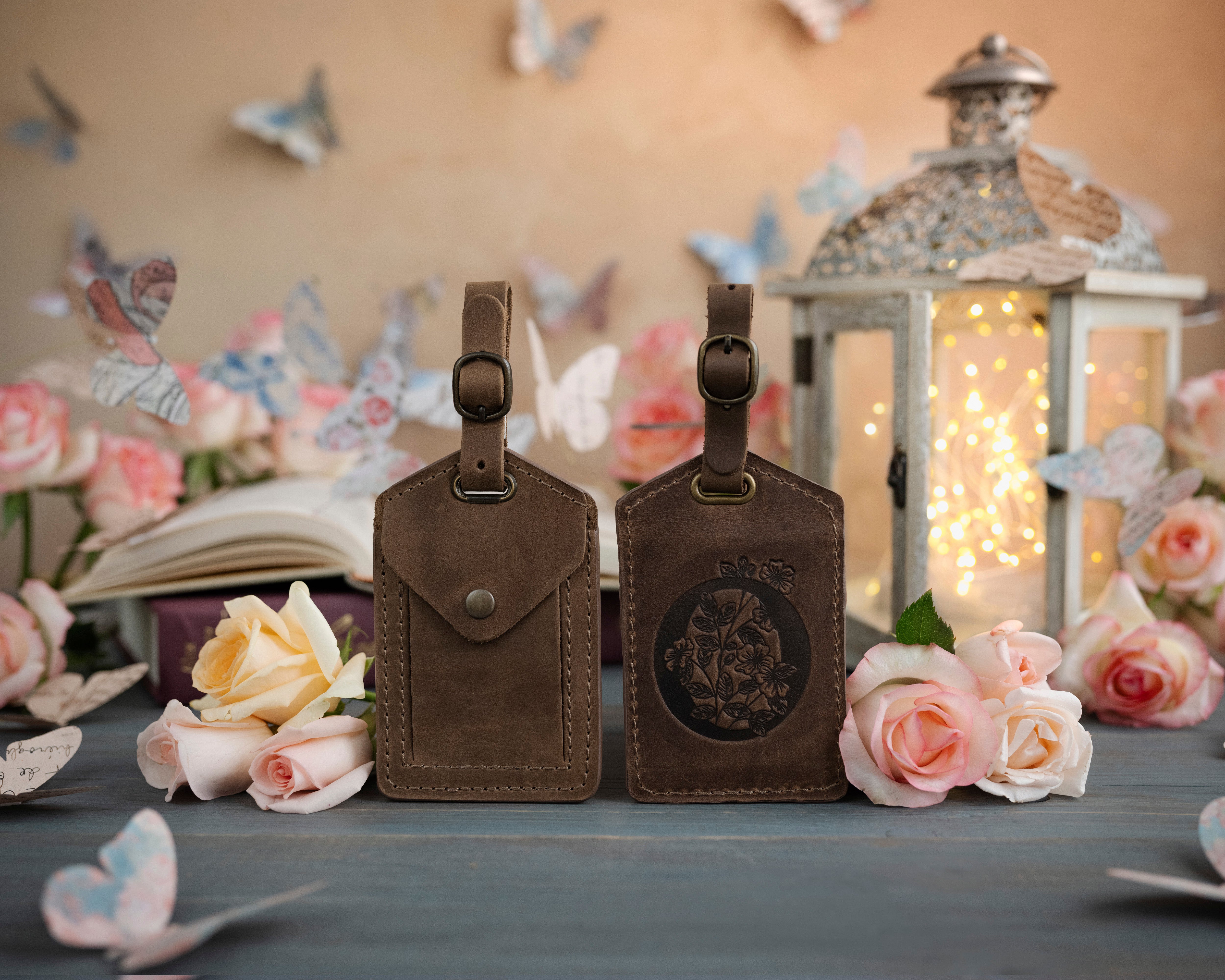Flower initial leather luggage tag