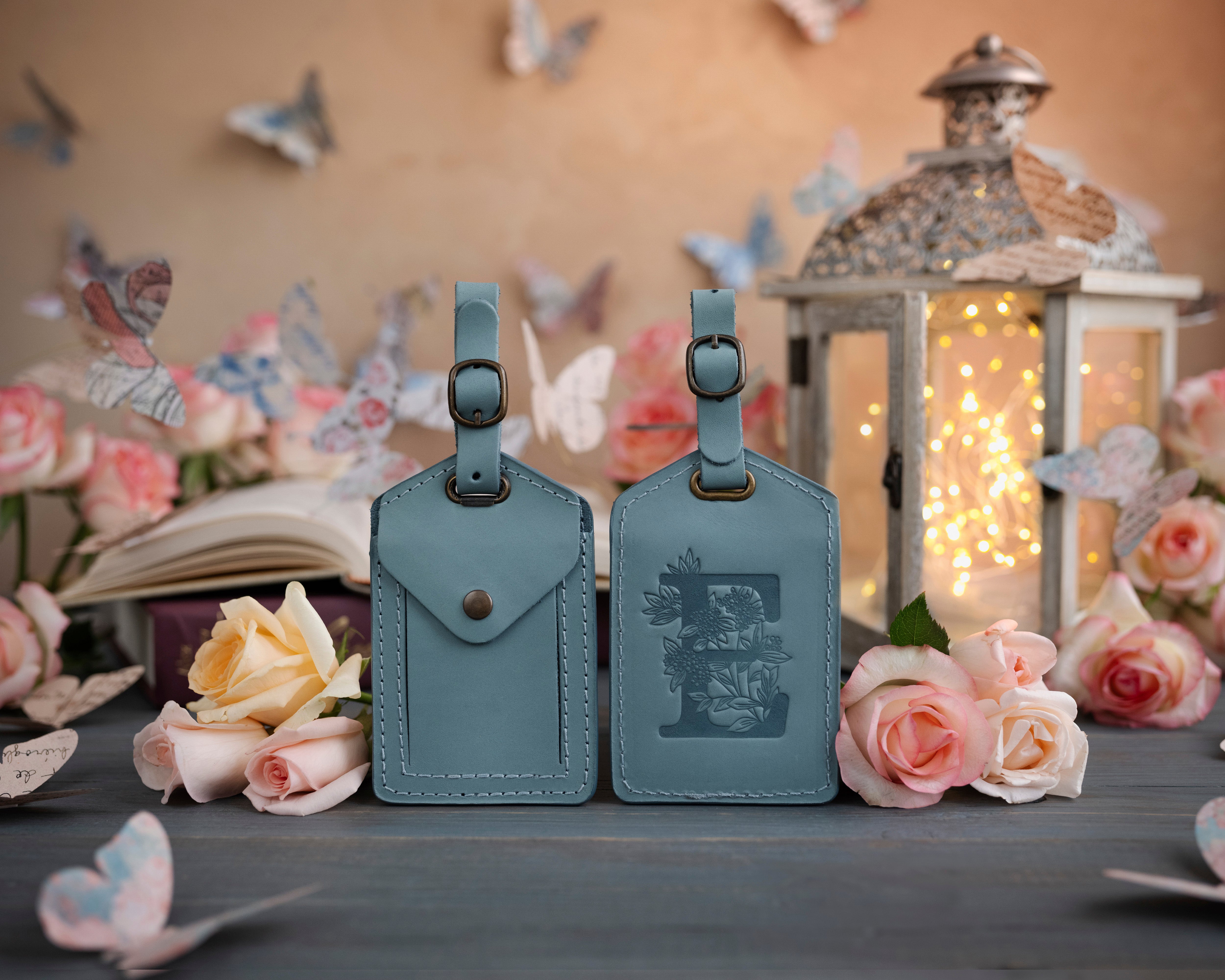 Flower initial leather luggage tag