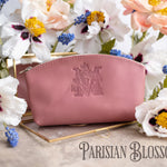 Parisian blossom rose leather makeup bag with a floral letter M, white anemones behind