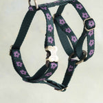 Thin webbing harness for small dogs, Lilac Posy design (lilac flowers on forest green), with an engraved bone buckle