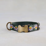 Lilac Daisy personalized webbing dog collar, design No. 1: lilac daisies on forest green, with an engraved bone buckle