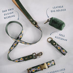 Lilac Daisy dog collar and leash set: collar, matching leash, keychain and leather poop-bag holder