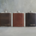 Three groomsmen flasks in Dark Espresso, Arizona and Black leather stamped GWH, MICHAEL and MATTHEW