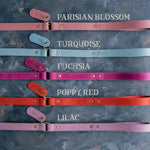 Leather dog leash in bright colors like turquoise and poppy red