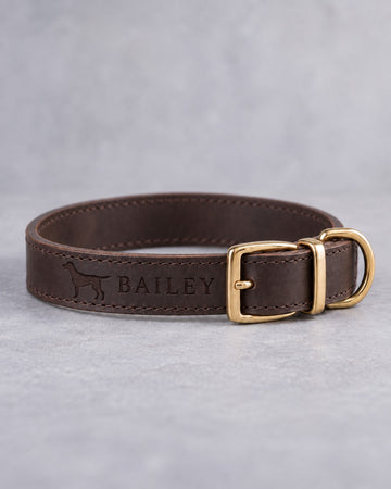 Dark Espresso leather dog collar with a Labrador retriever silhouette and the name BAILEY debossed, brass buckle