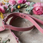Leather dog leash in Parisian Blossom with a debossed name tab