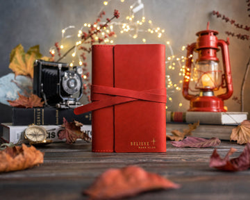 Mark 11:24 leather journal – "believe" bible verse gift