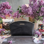 Makeup Bag In Black Leather with hand-finished detailing