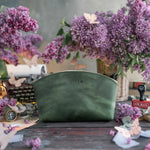 Makeup Bag In Forest Green Leather with hand-finished detailing