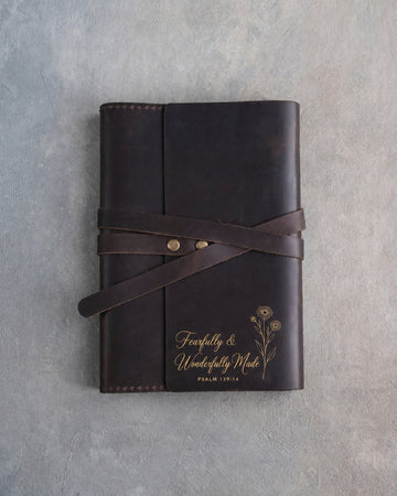 Psalm 139:14 leather journal – "fearfully & wonderfully made" bible verse gift