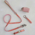 Thin webbing leash in pink and marigold with a matching collar, keychain and leather bag holder
