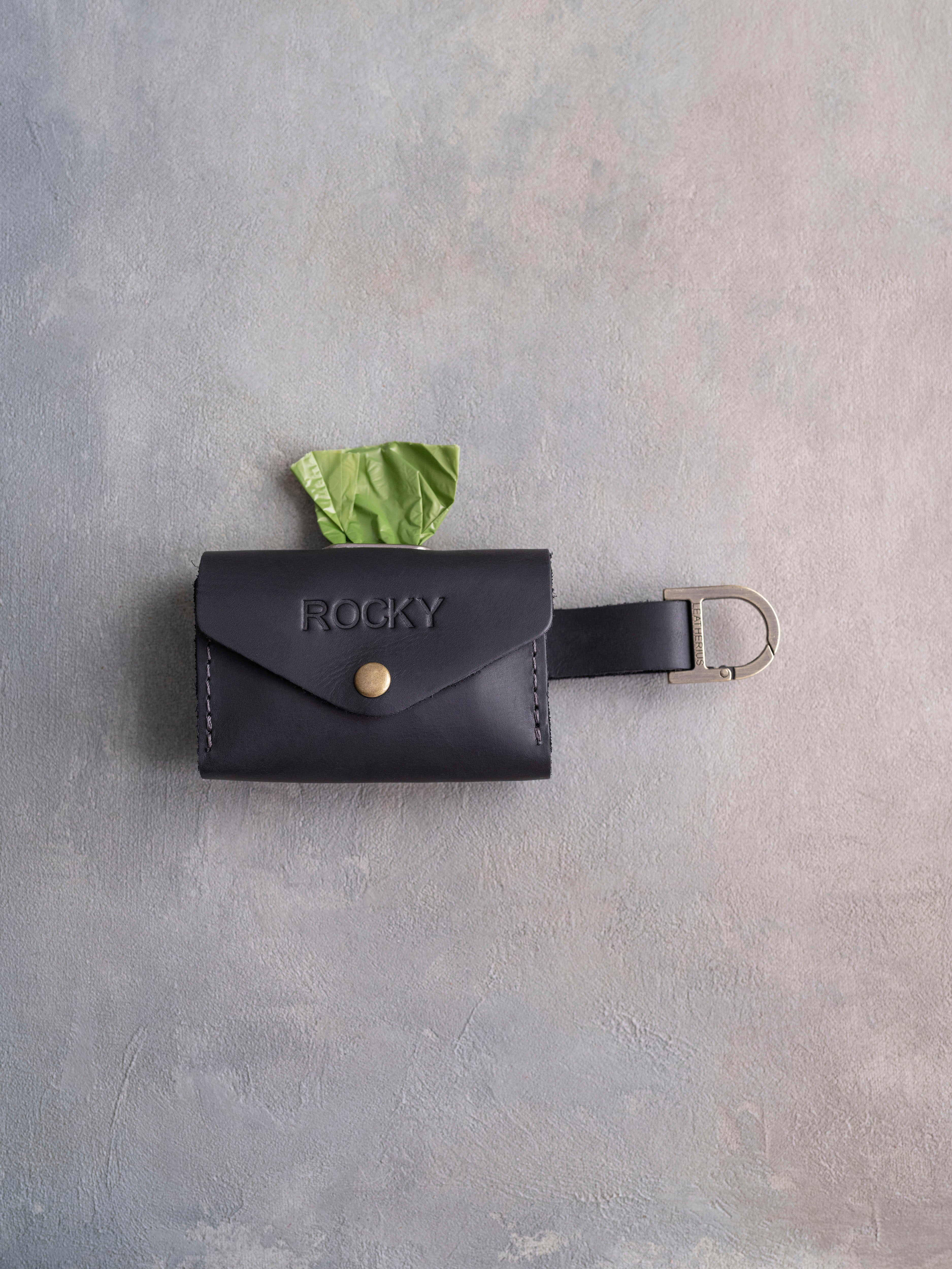 Black Leather Dog Poop Bag Holder with button closure
