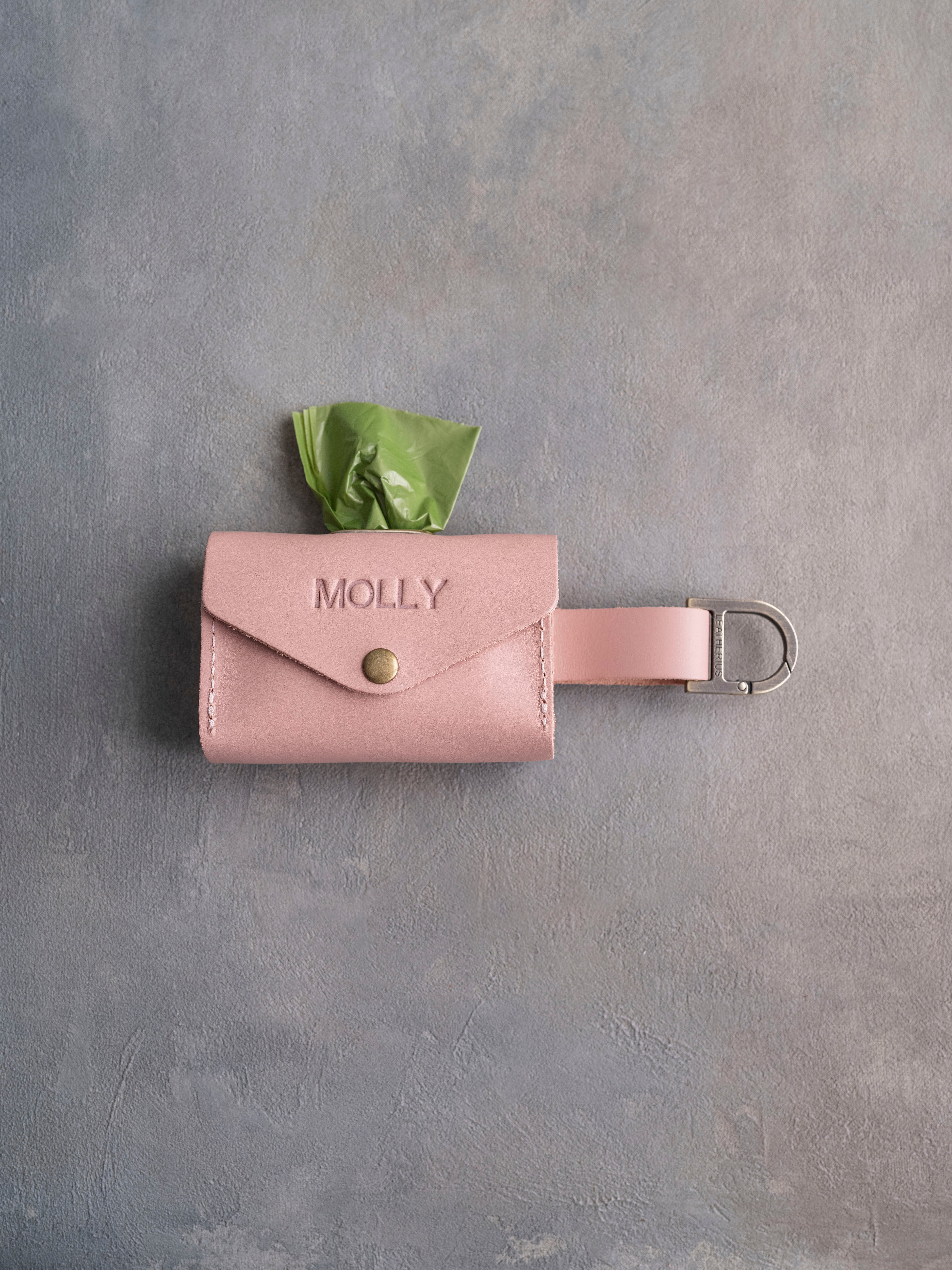 Blush Leather Dog Poop Bag Holder with button closure