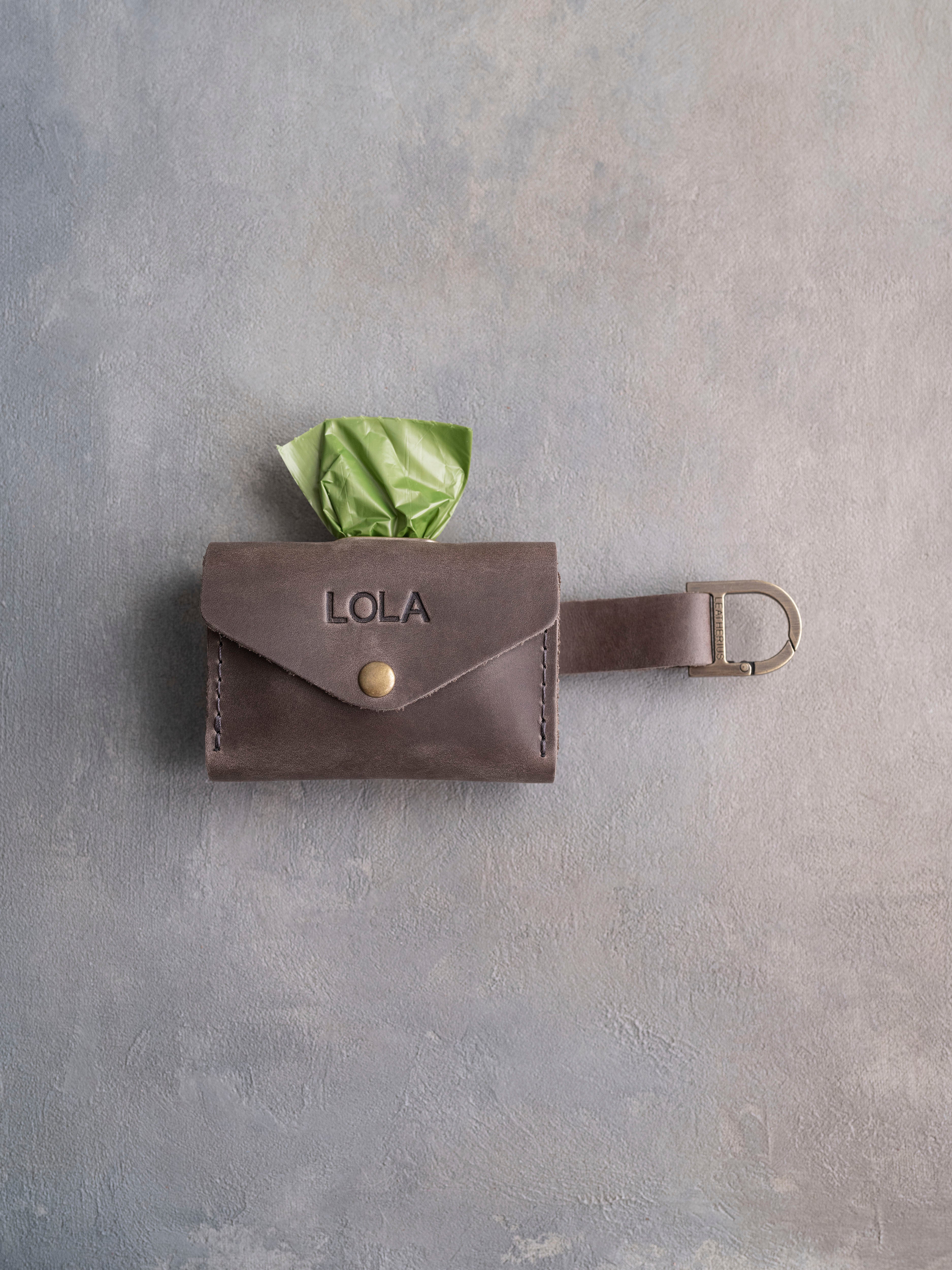 Country Gray Leather Dog Poop Bag Holder with button closure