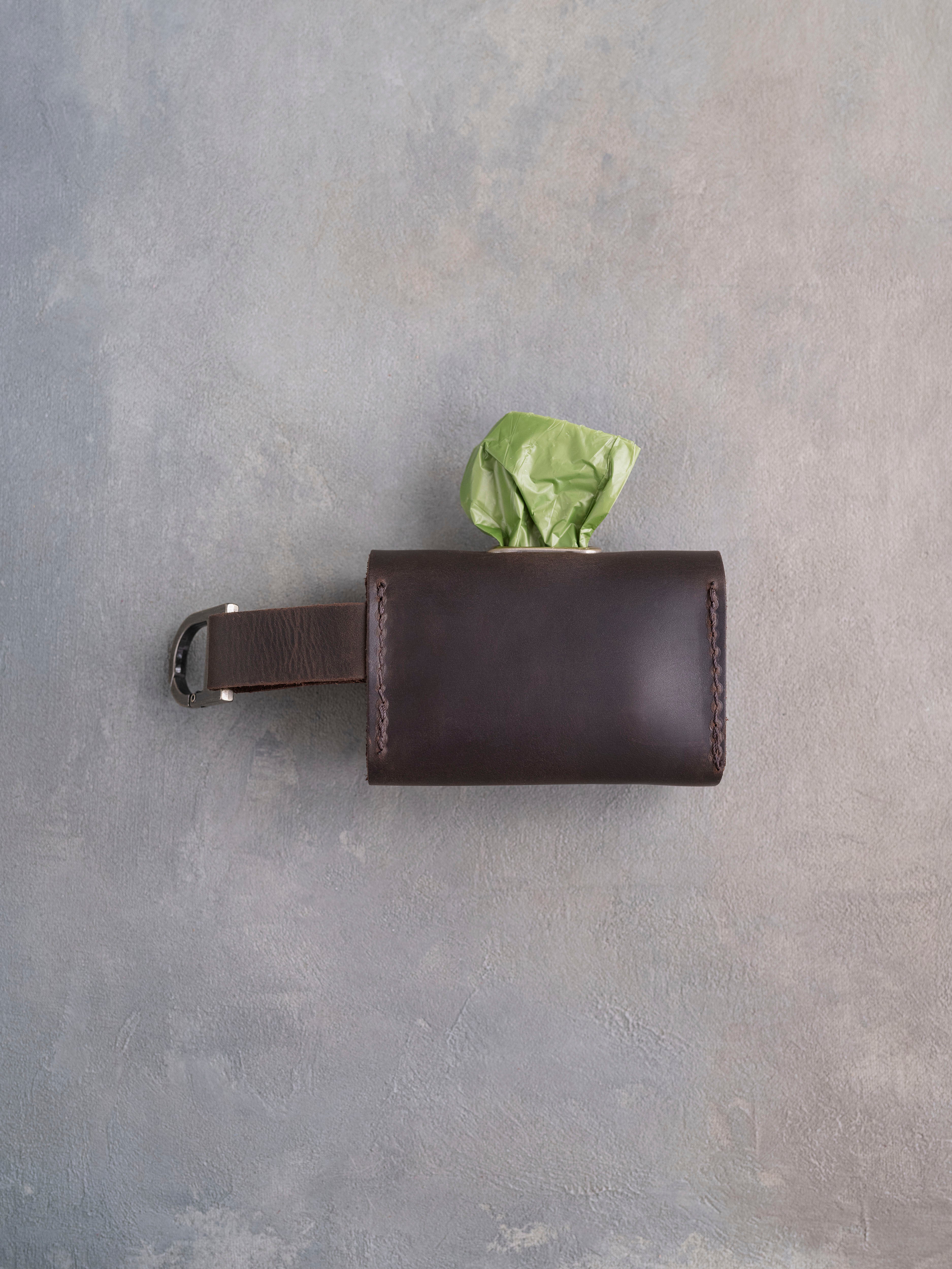 Dark Espresso Leather Dog Poop Bag Holder with button closure