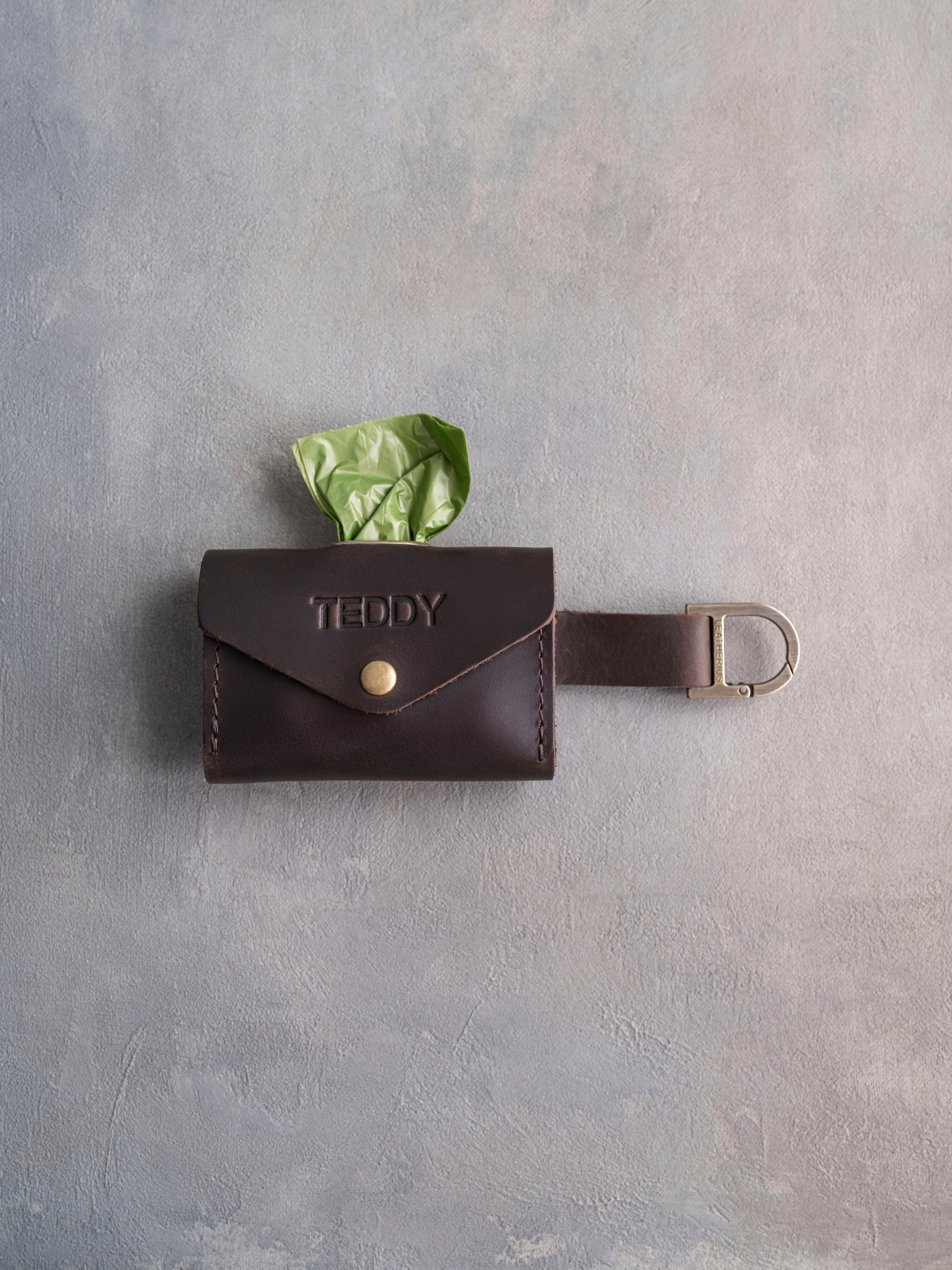 Dark Espresso Leather Dog Poop Bag Holder with button closure