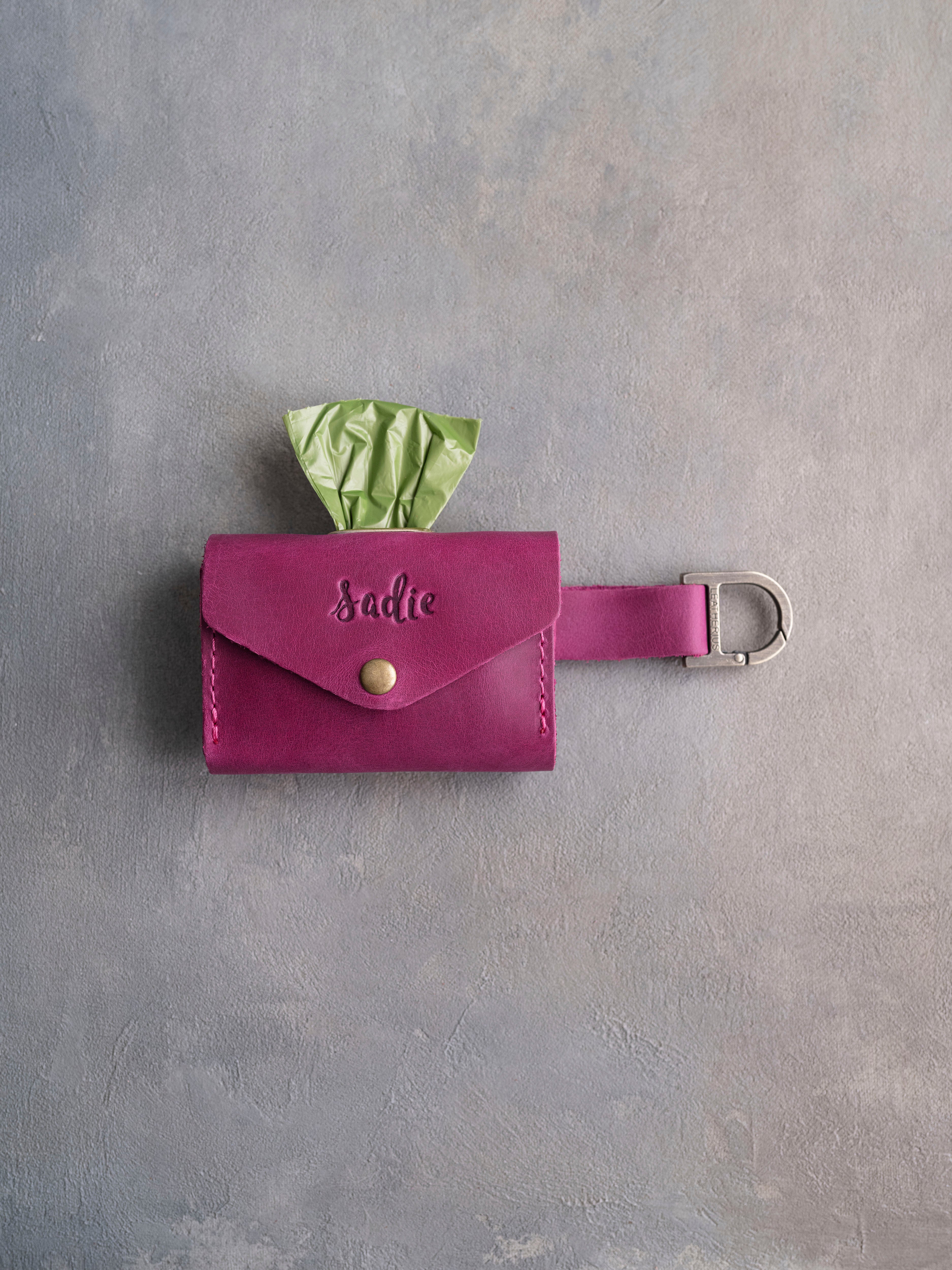 Fuchsia Leather Dog Poop Bag Holder with button closure