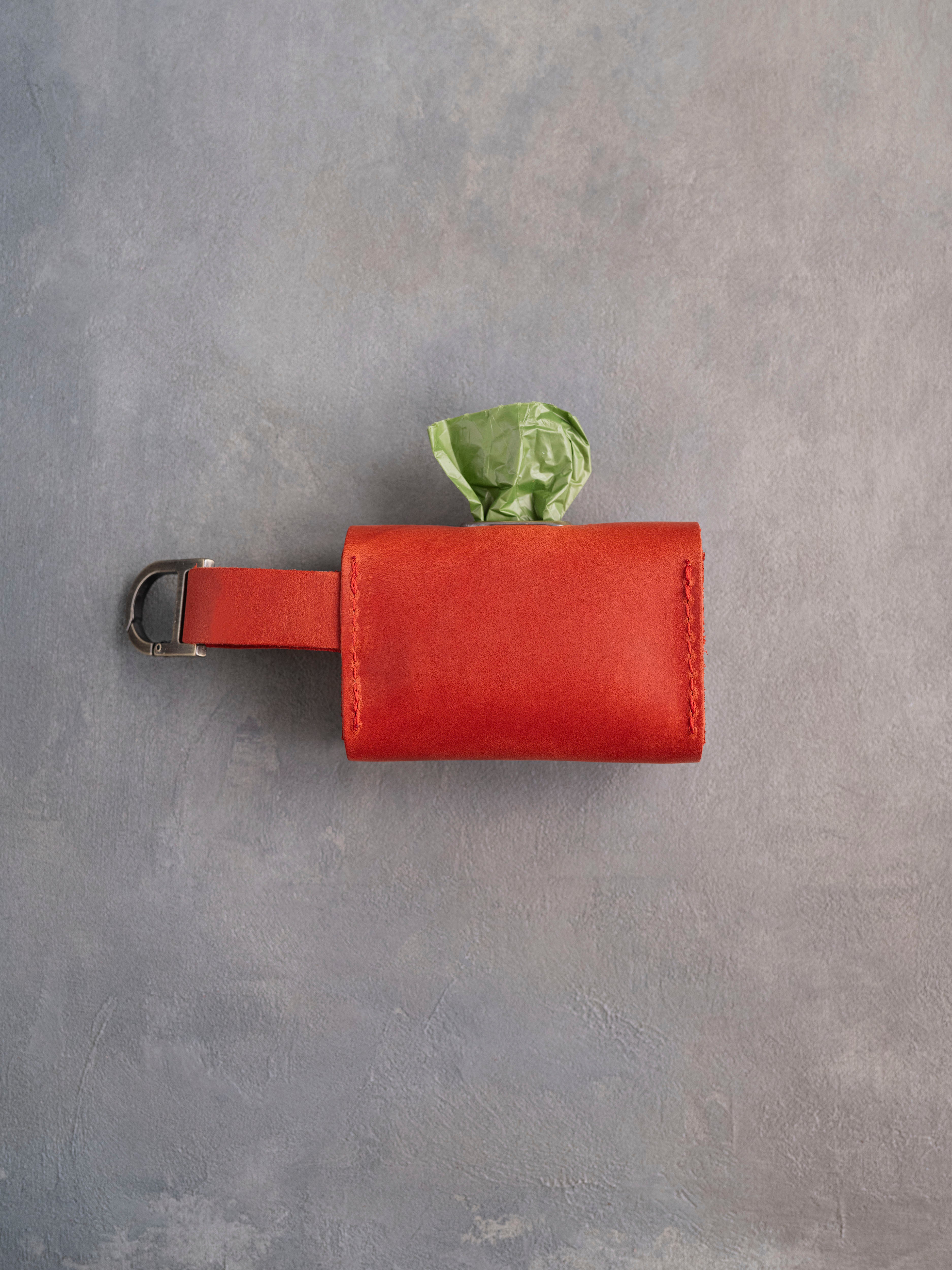 Poppy Red Leather Dog Poop Bag Holder with button closure