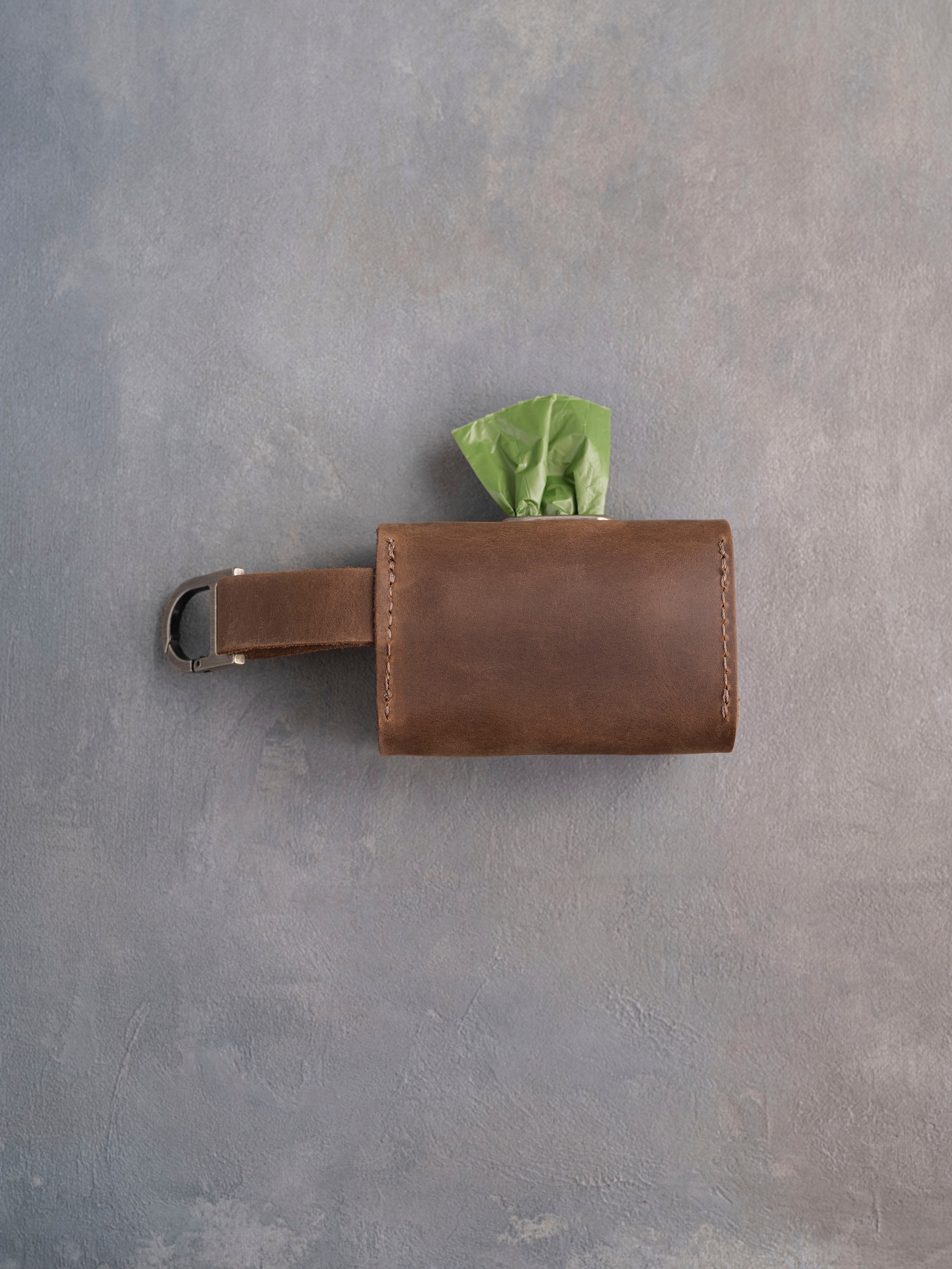 Sicilian Brown Leather Dog Poop Bag Holder with button closure