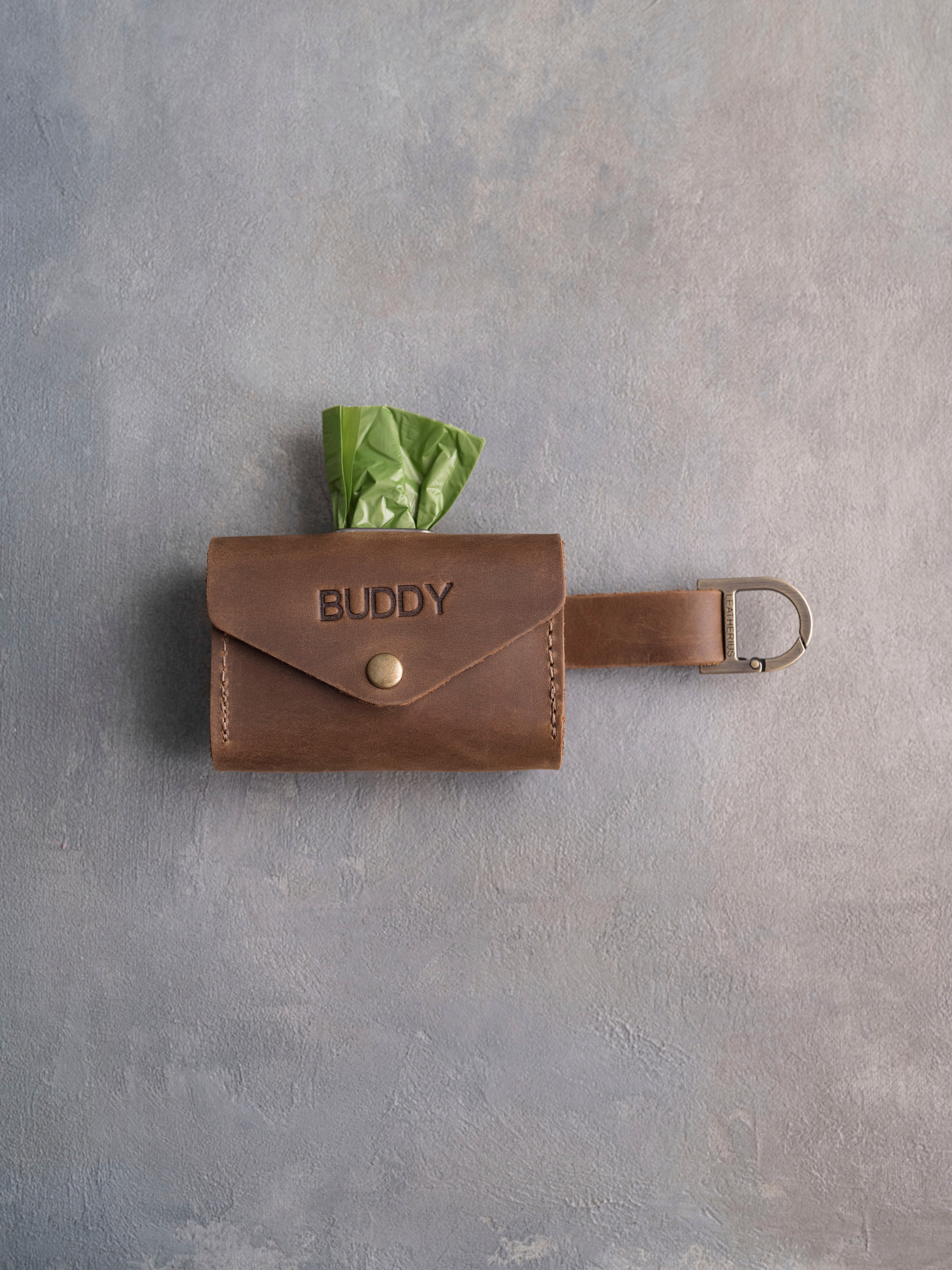 Sicilian Brown Leather Dog Poop Bag Holder with button closure