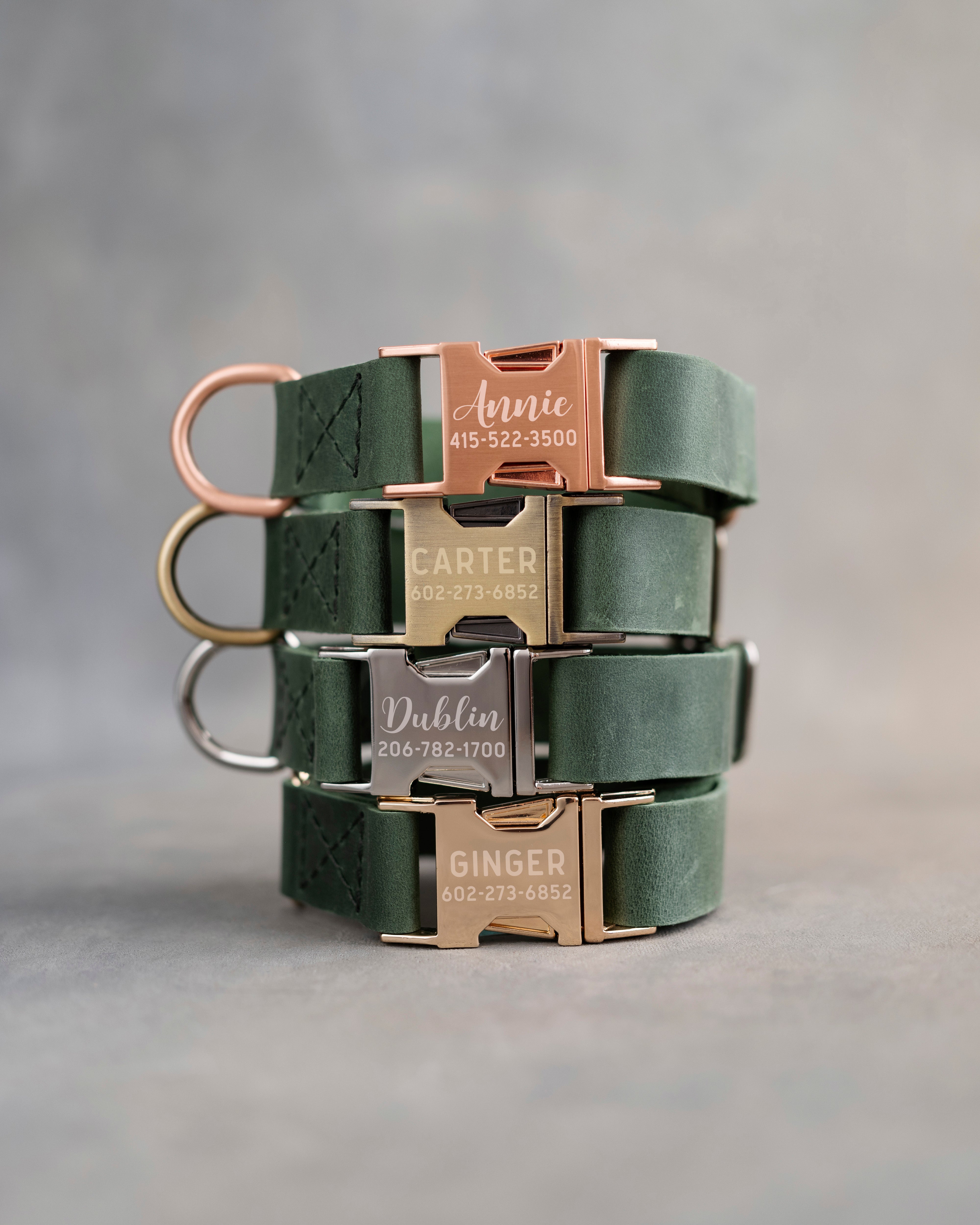 Dog Collar in Forest Green leather with fast release buckle