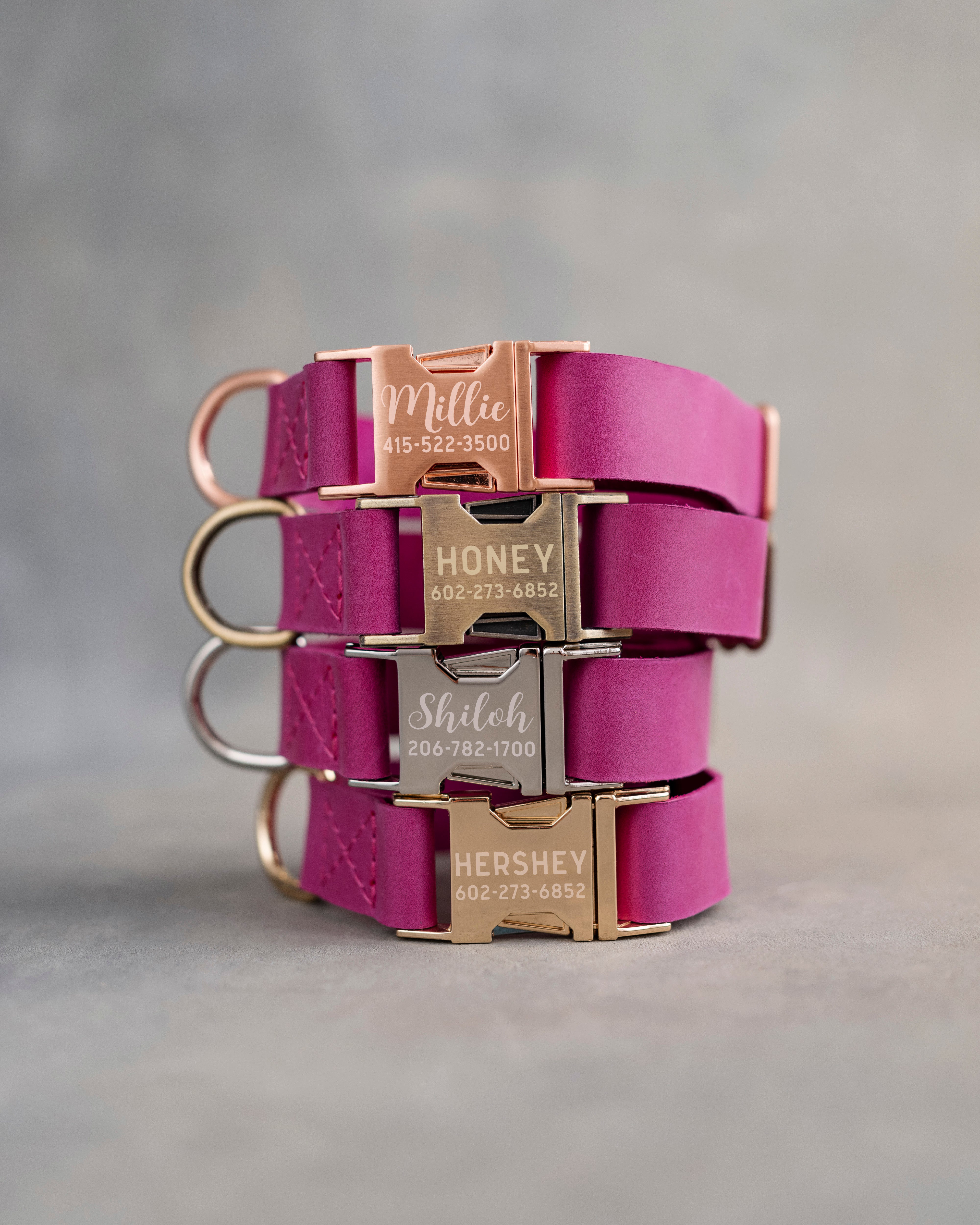Dog Collar in Fuchsia leather with fast release buckle
