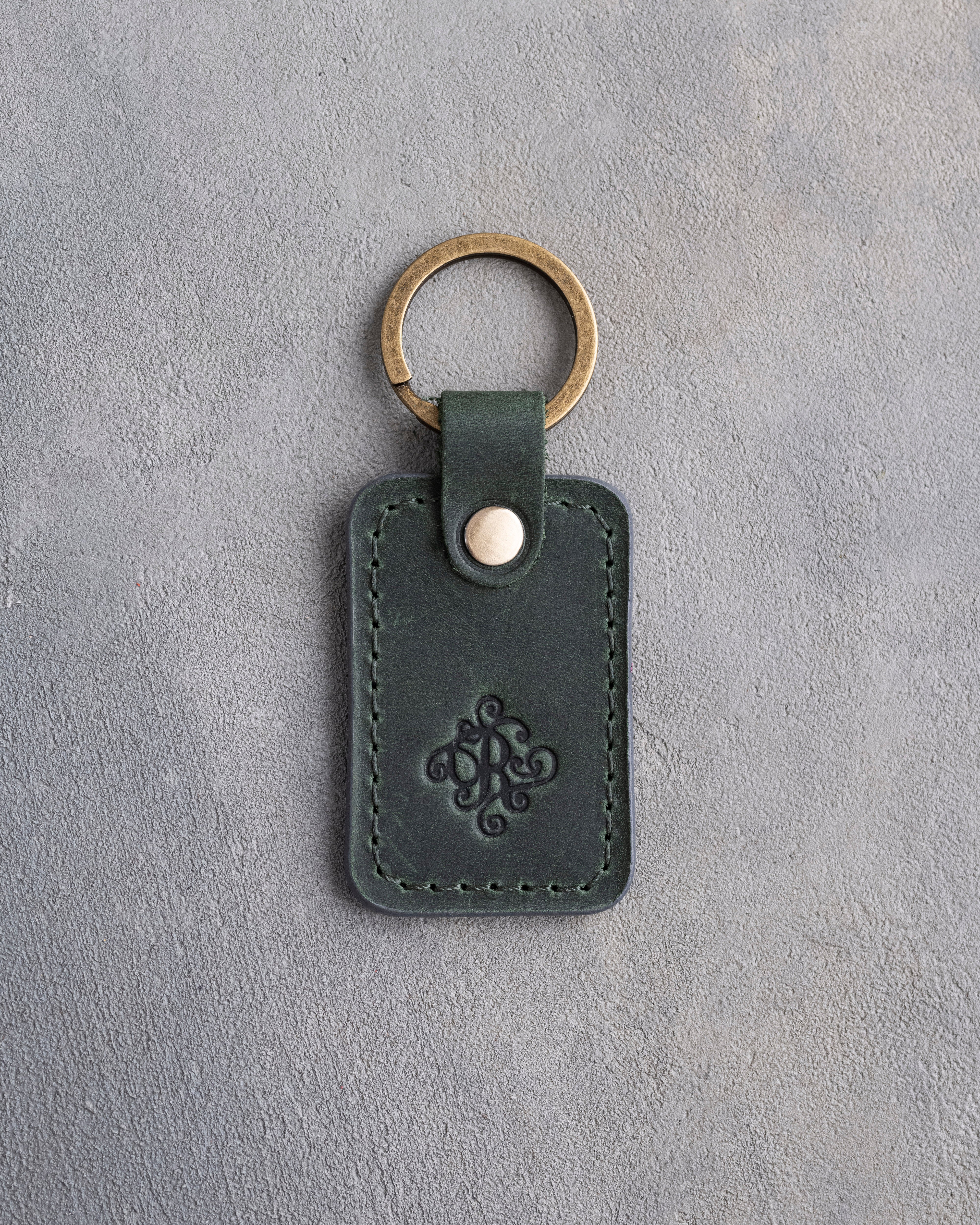 Floral Initial Keychain in Forest Green Leather