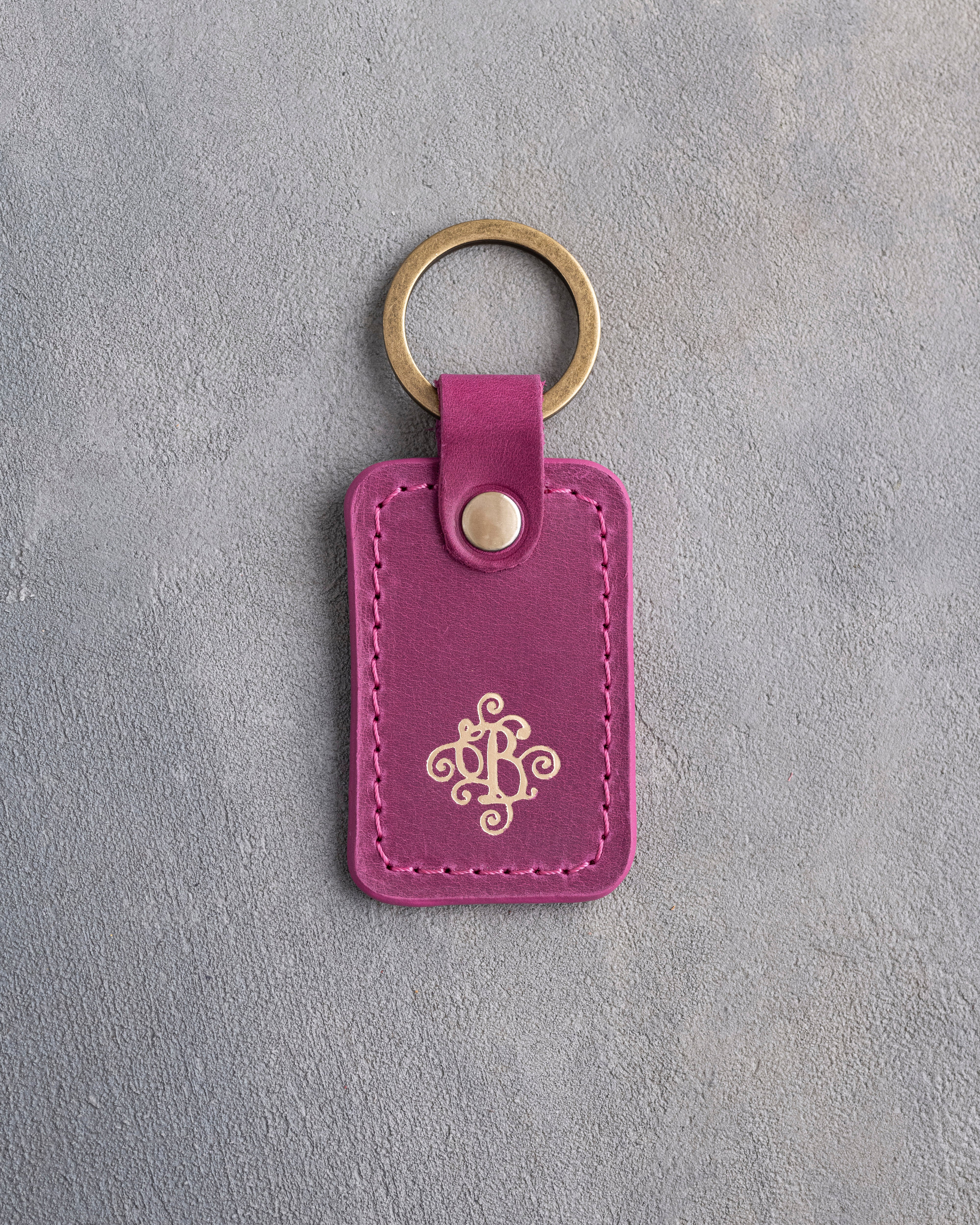 Floral Initial Keychain in Fuchsia Leather