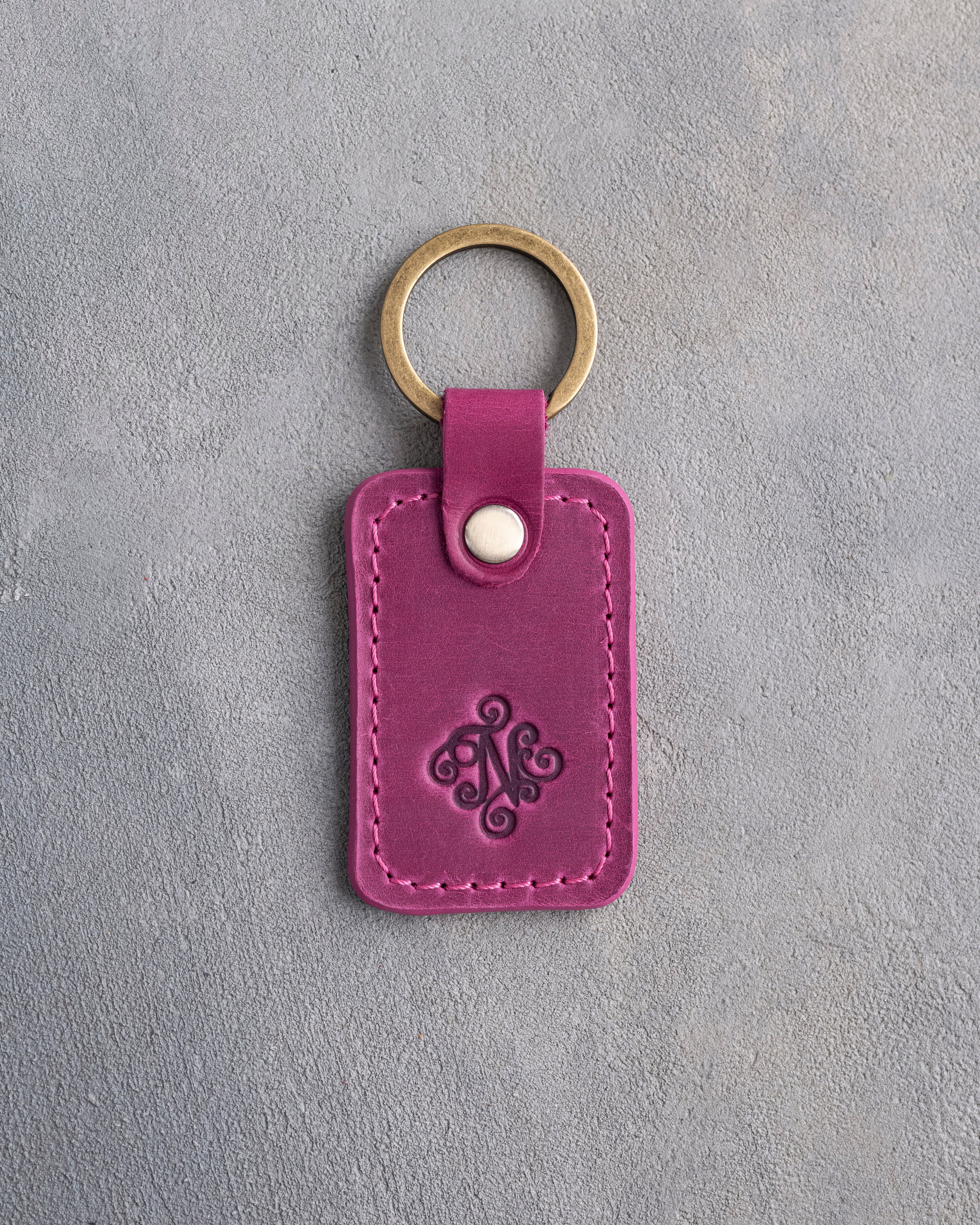 Floral Initial Keychain in Fuchsia Leather