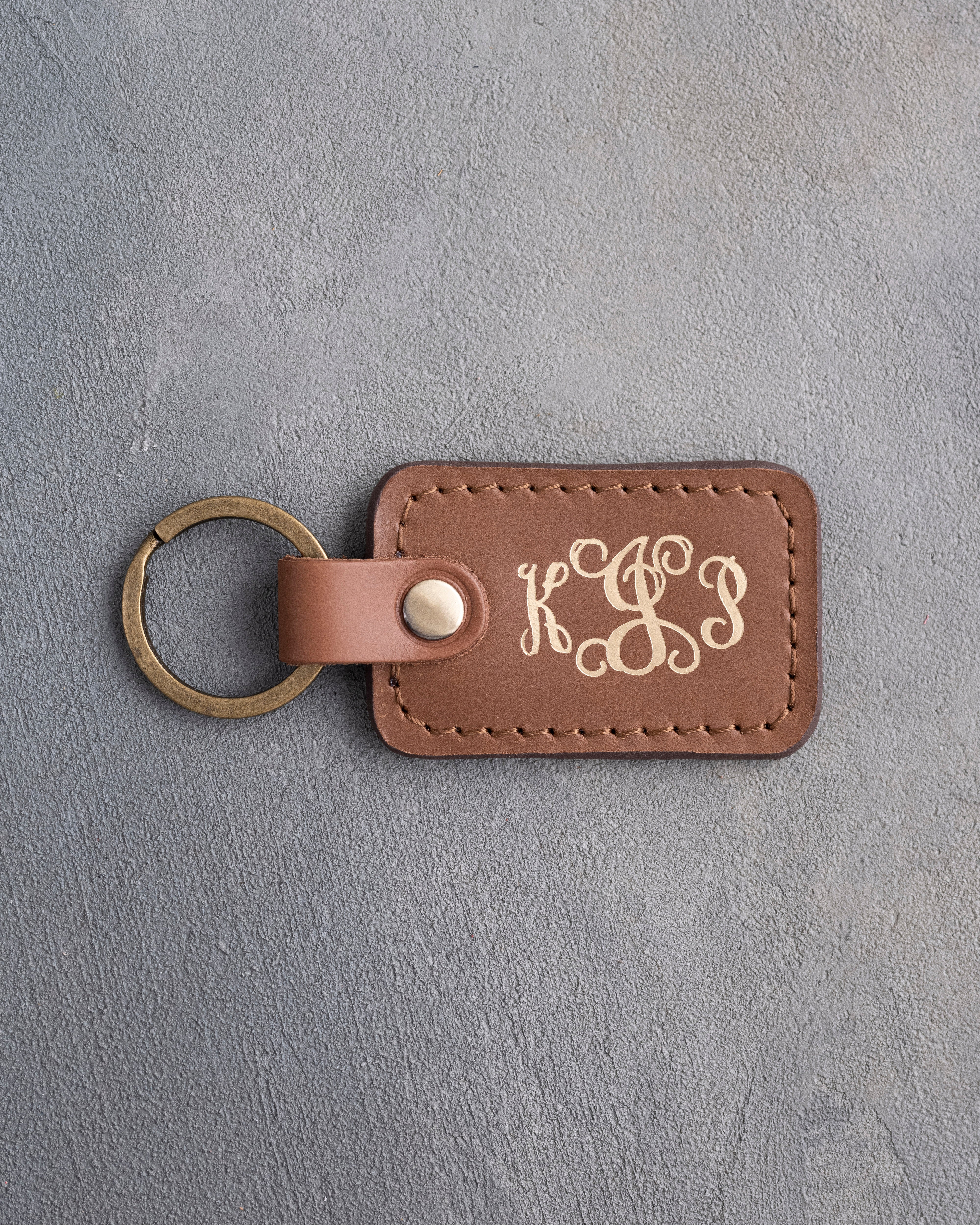 Vine Monogram Keychain in Caramel Leather