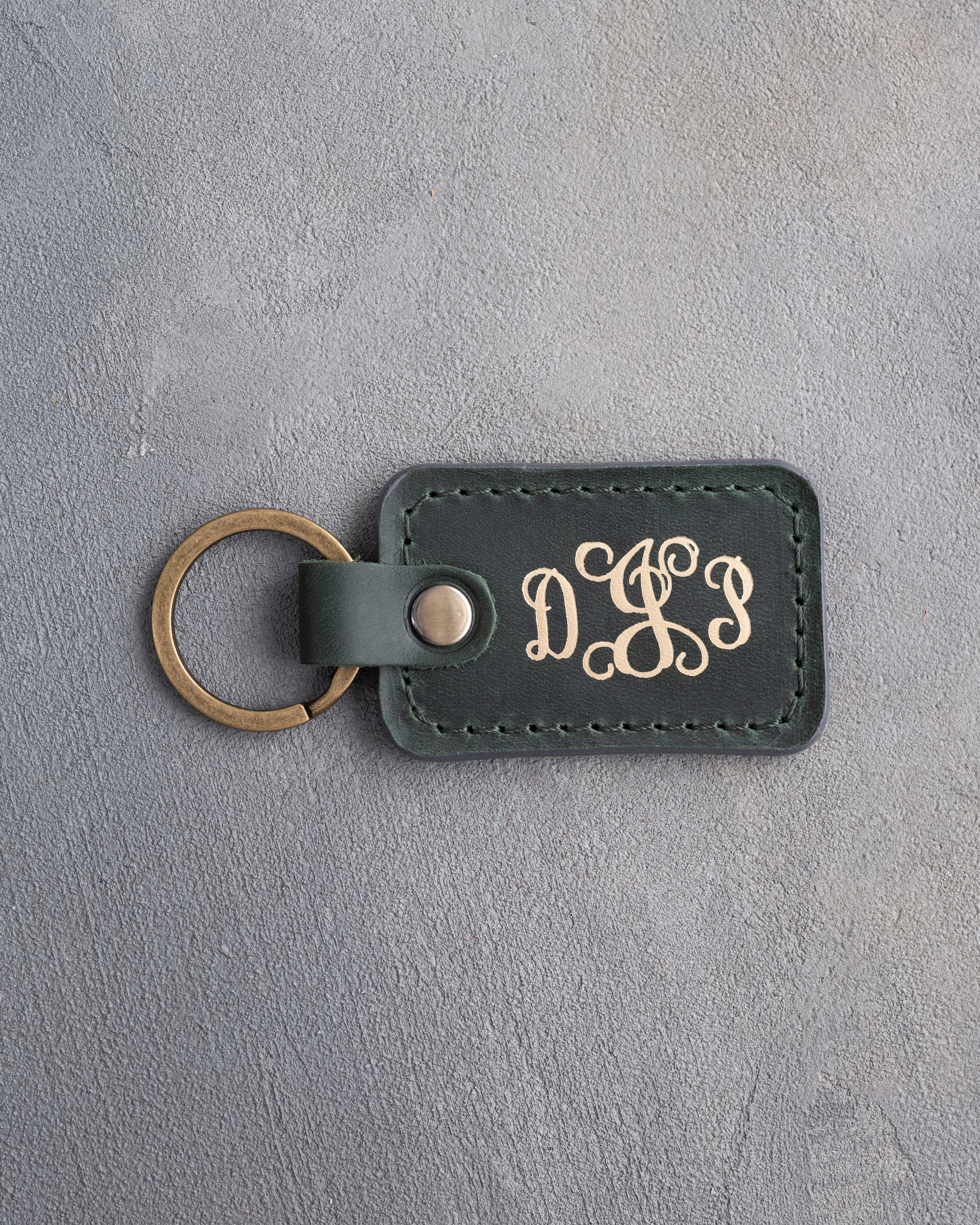 Vine Monogram Keychain in Forest Green Leather