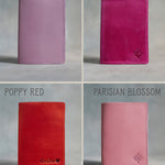 Leather passport covers in lilac, fuchsia, poppy red and parisian blossom