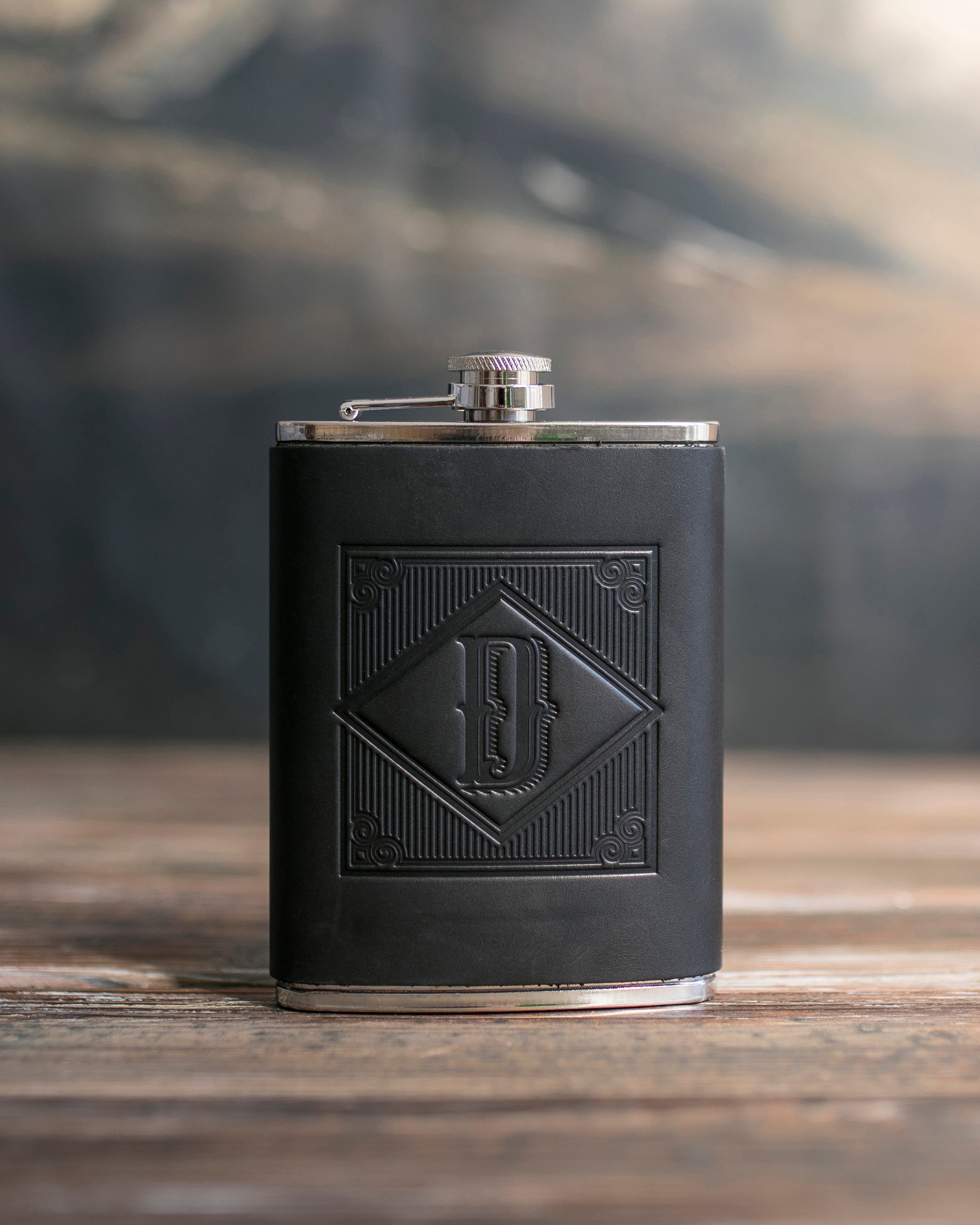 Initial Flask in Black Leather