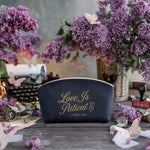 Love Is Patient 1 Cor. 13:4 Blueberry full-grain leather makeup bag, Christian scripture gift