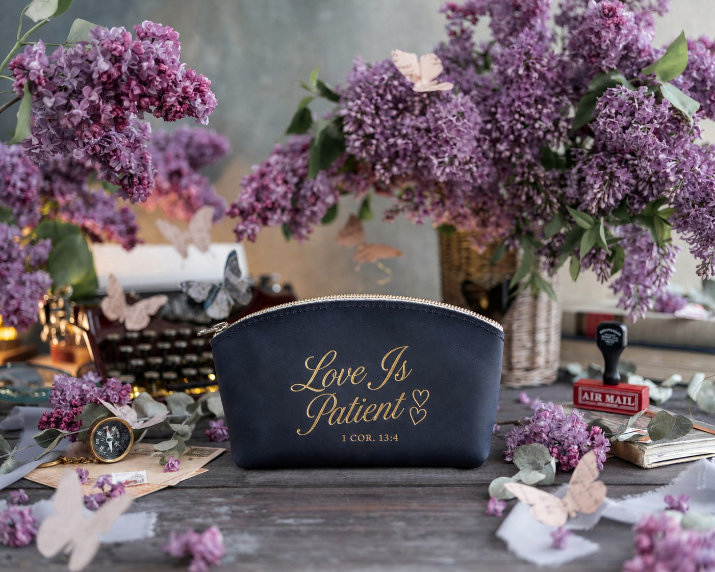 Love Is Patient 1 Cor. 13:4 Blueberry full-grain leather makeup bag, Christian scripture gift