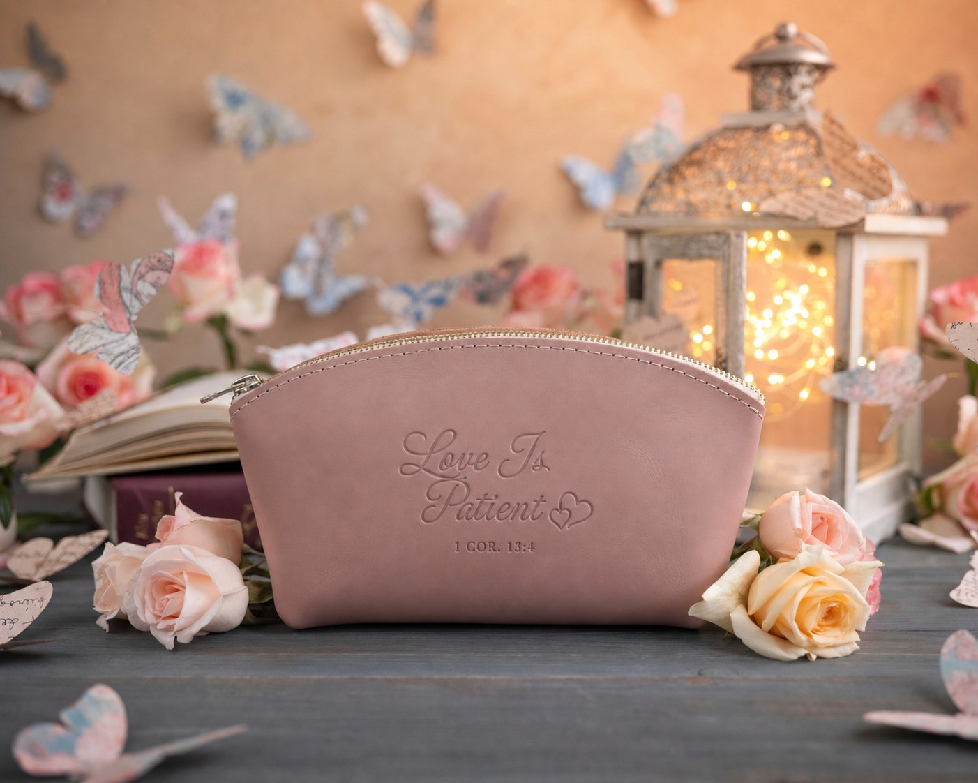 Love Is Patient 1 Cor. 13:4 Blush full-grain leather makeup bag, Christian scripture gift