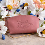 Love Is Patient 1 Cor. 13:4 full-grain leather makeup bag, Christian scripture gift