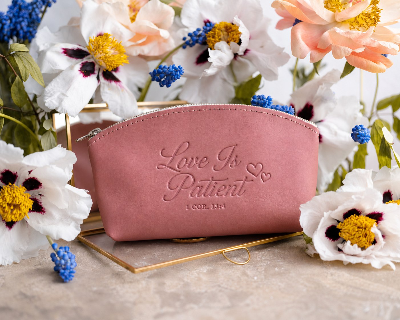 Love Is Patient 1 Cor. 13:4 full-grain leather makeup bag, Christian scripture gift