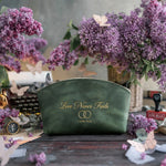 Love Never Fails 1 Cor. 13:8 Forest Green full-grain leather makeup bag, Christian scripture gift
