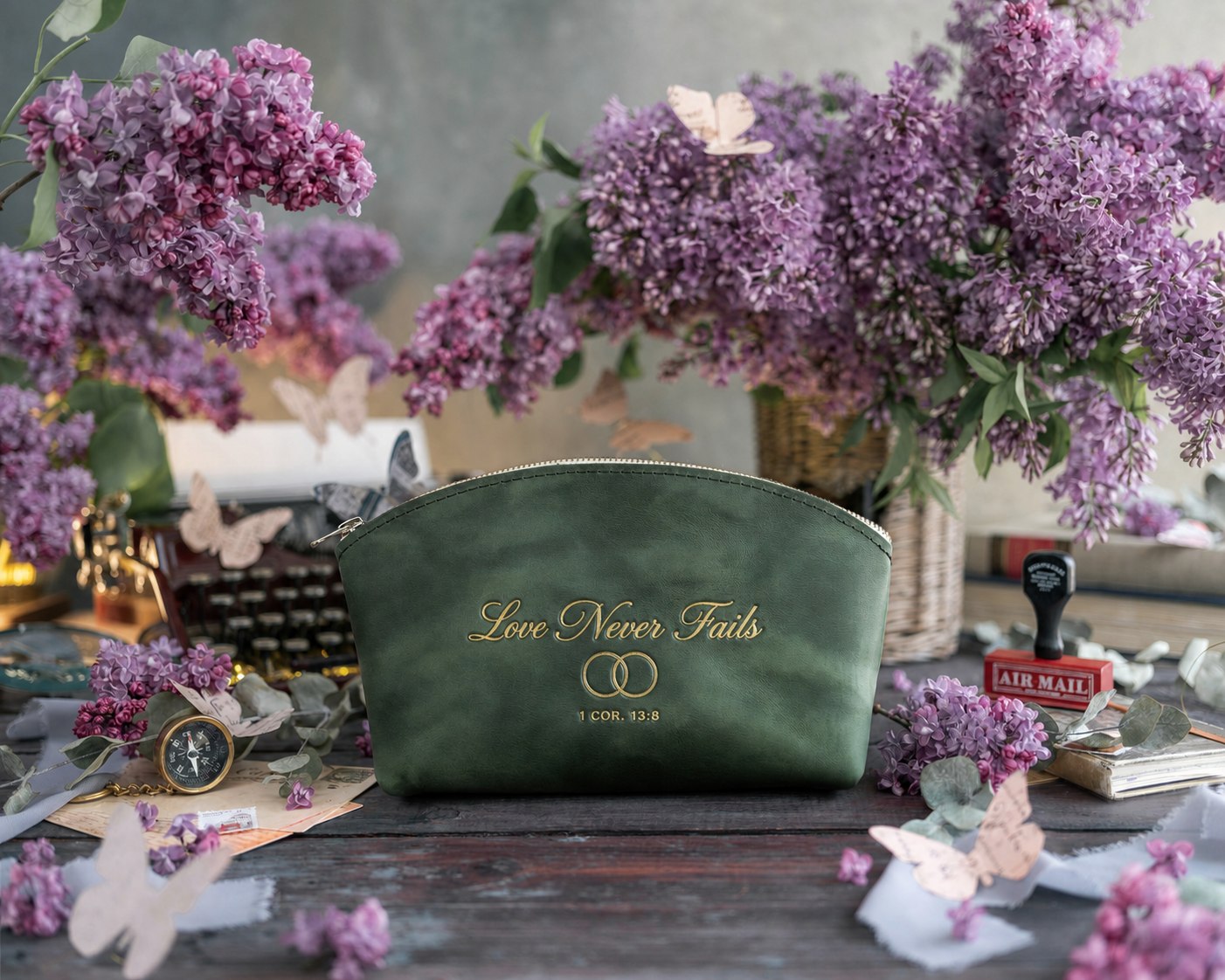 Love Never Fails 1 Cor. 13:8 Forest Green full-grain leather makeup bag, Christian scripture gift