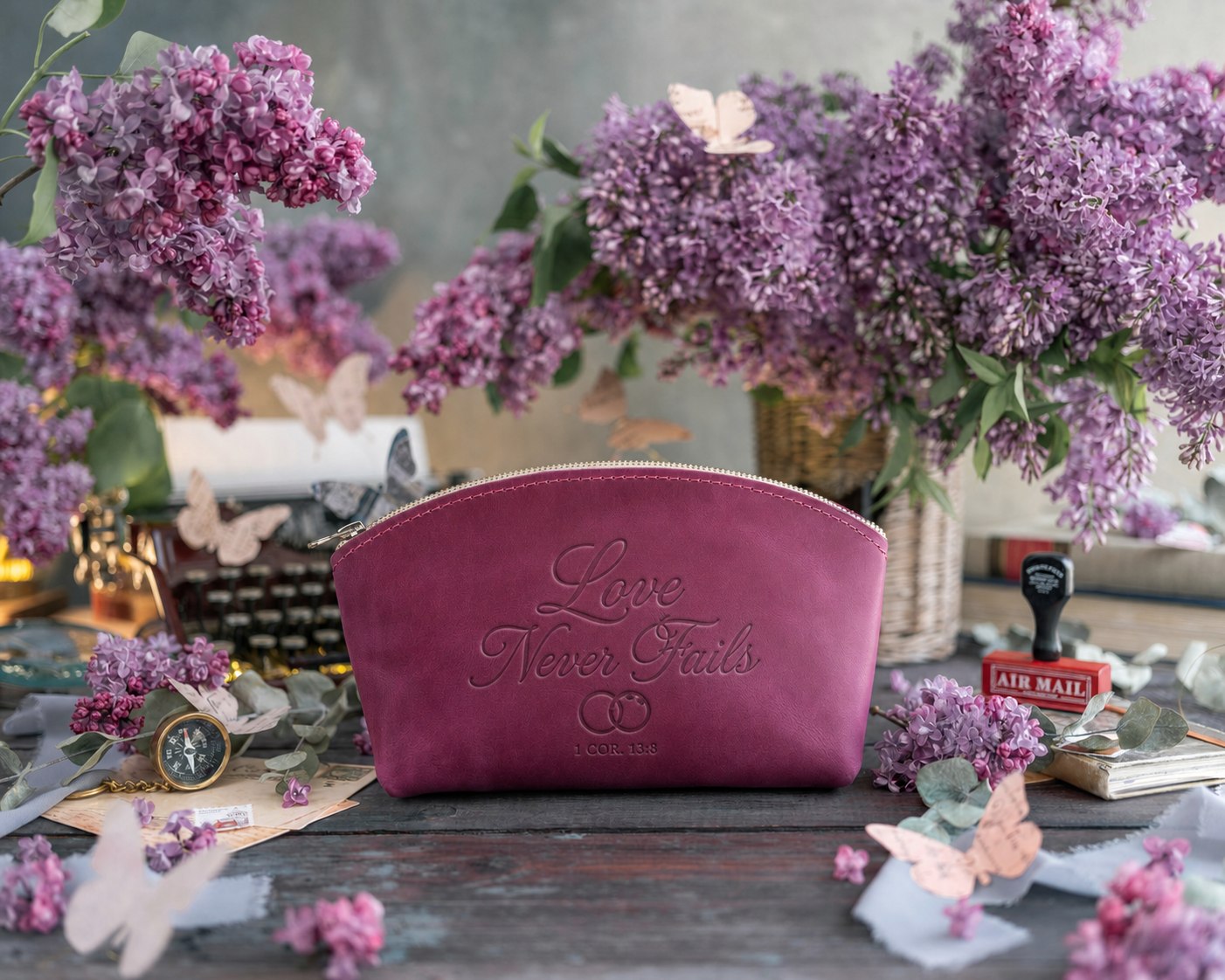 Love Never Fails 1 Cor. 13:8 full-grain leather makeup bag, Christian scripture gift