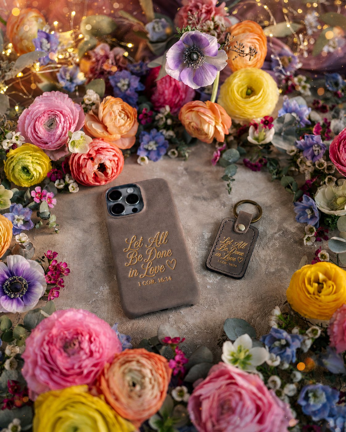 Let All Be Done In Love 1 Cor. 16:14 handcrafted leather iPhone case, Christian scripture gift