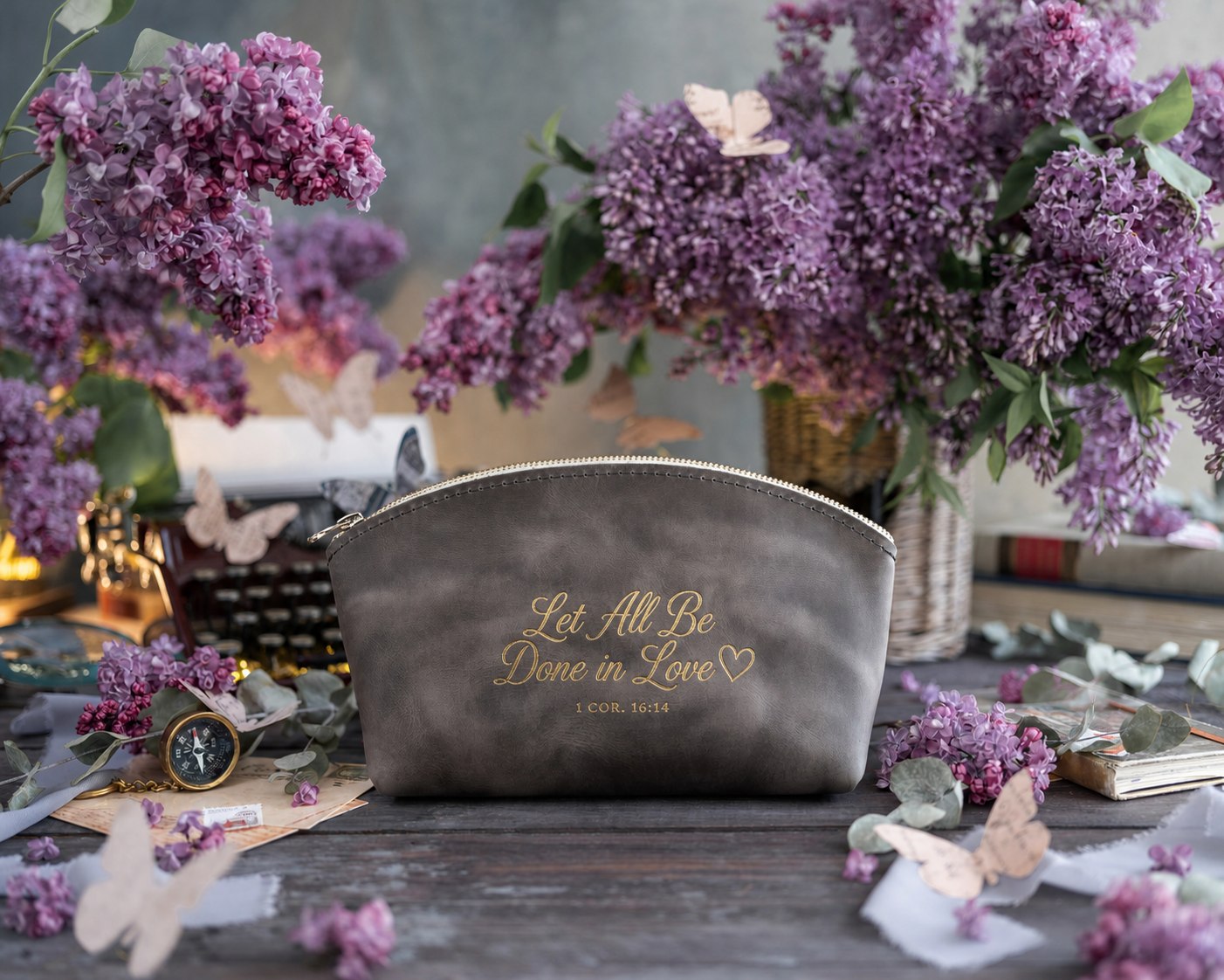 Let All Be Done In Love 1 Cor. 16:14 Country Gray full-grain leather makeup bag, Christian scripture gift