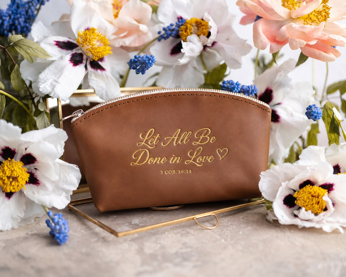 Let All Be Done In Love 1 Cor. 16:14 full-grain leather makeup bag, Christian scripture gift